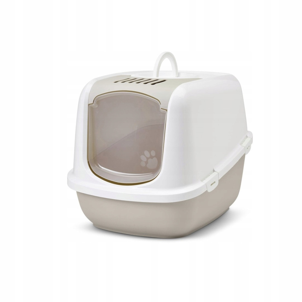 Eine beige und weiße Katzentoilette mit Tür und Griff auf weißem Hintergrund.