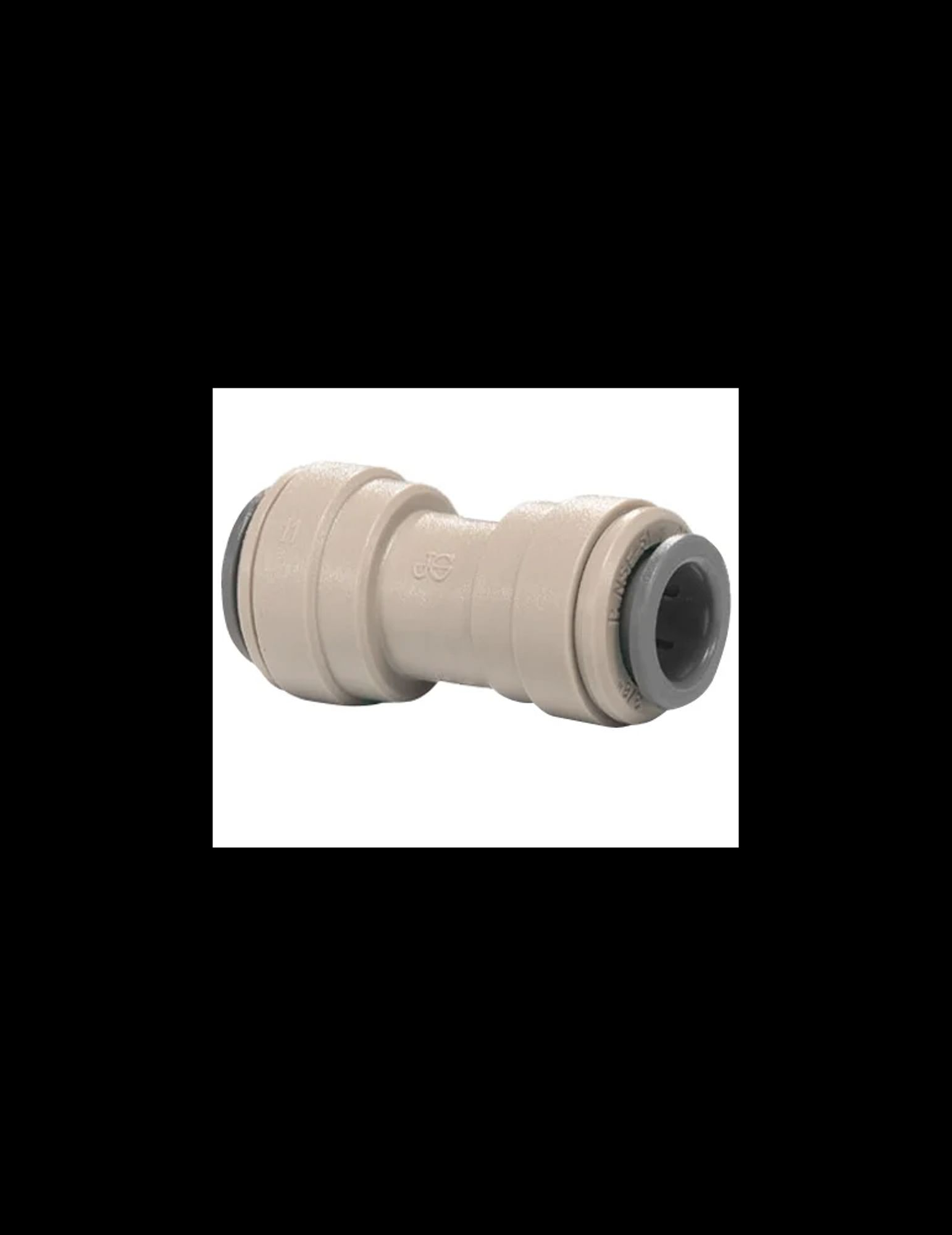 Een beige pijpconnector met grijze afdichtingen en markeringen.