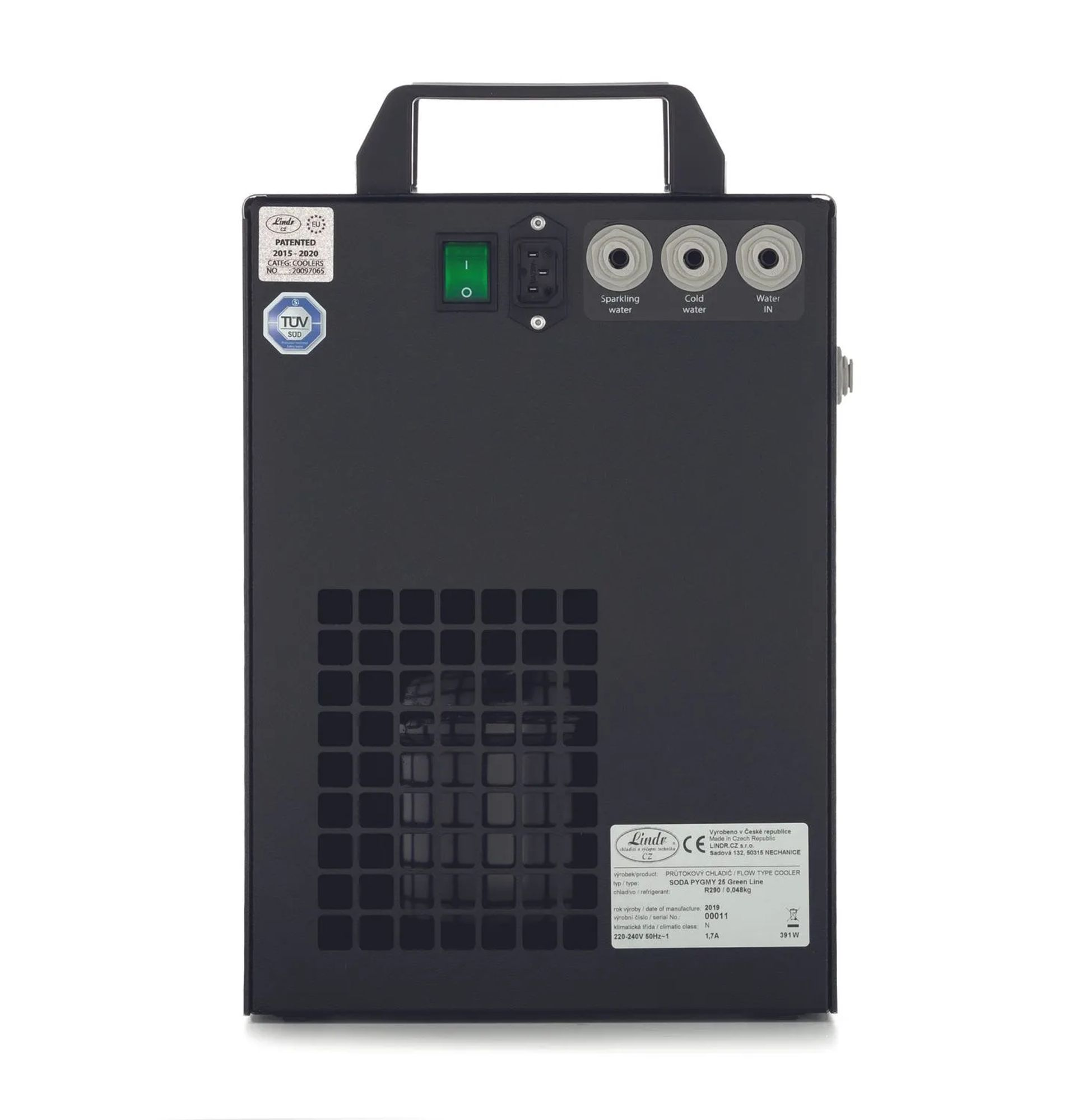 Zwarte koeler met handvat, schakelaar, connectoren en ventilatierooster.