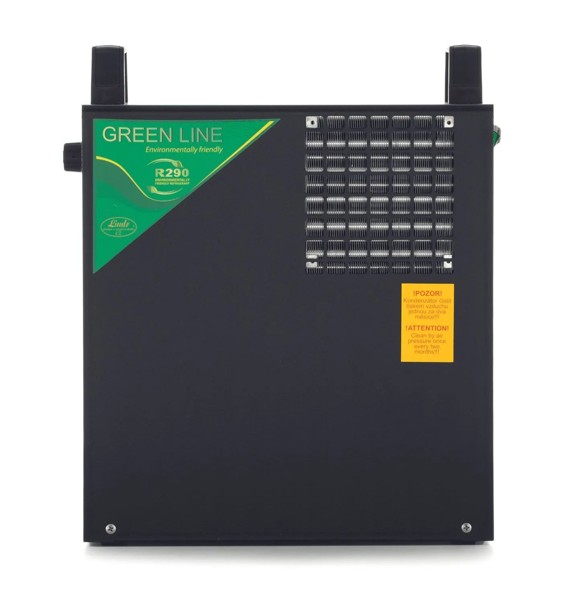 Zwarte unit met groen 'Green Line R290' label. Ventilatierooster.