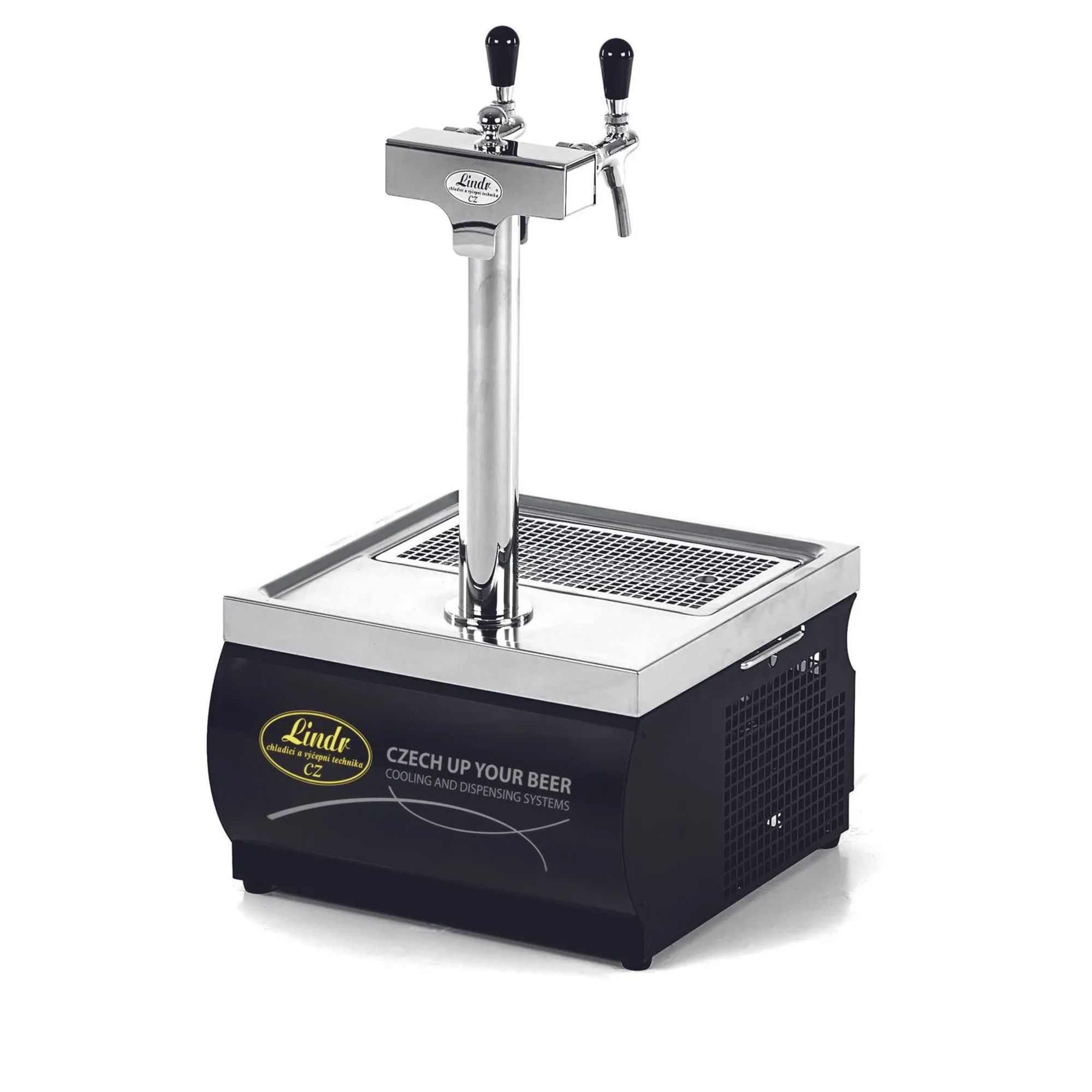 Een Lindr biertap met twee kranen en een zwarte voet.