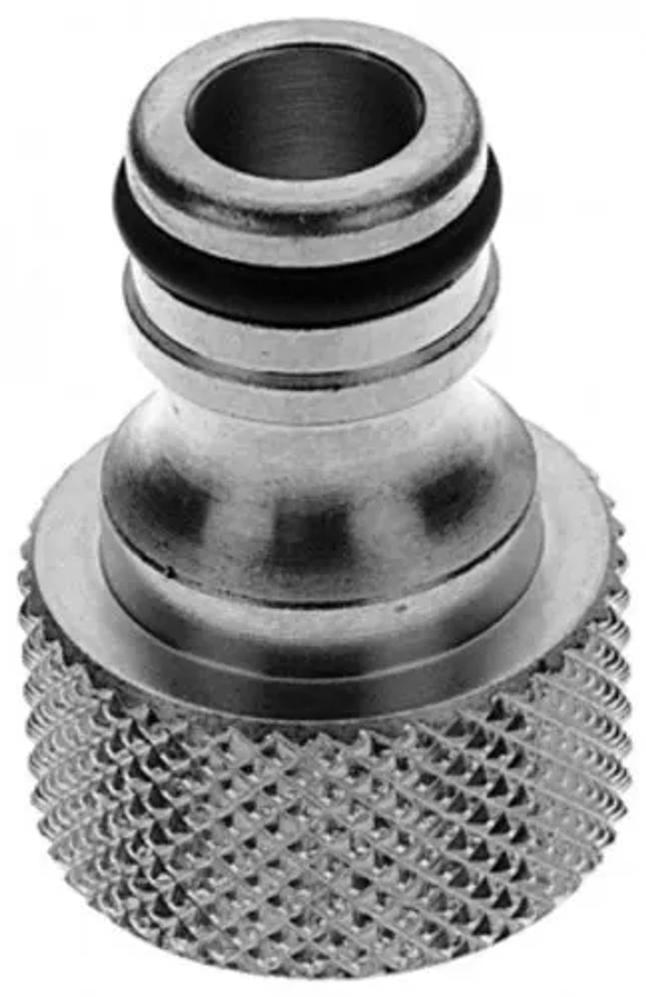 Een metalen slangadapter met een gekartelde grip en twee zwarte O-ringen.