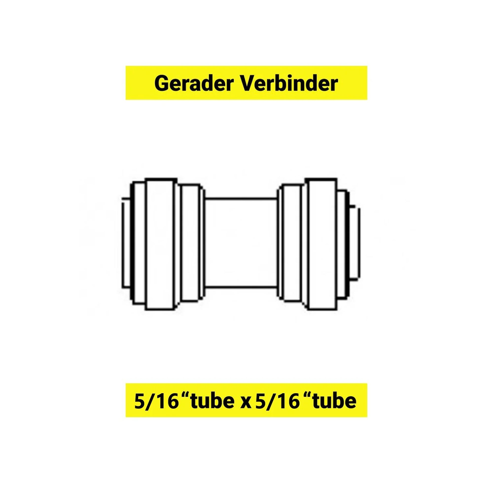 Rechte koppeling voor 5/16" buis, zwart-witte tekening.