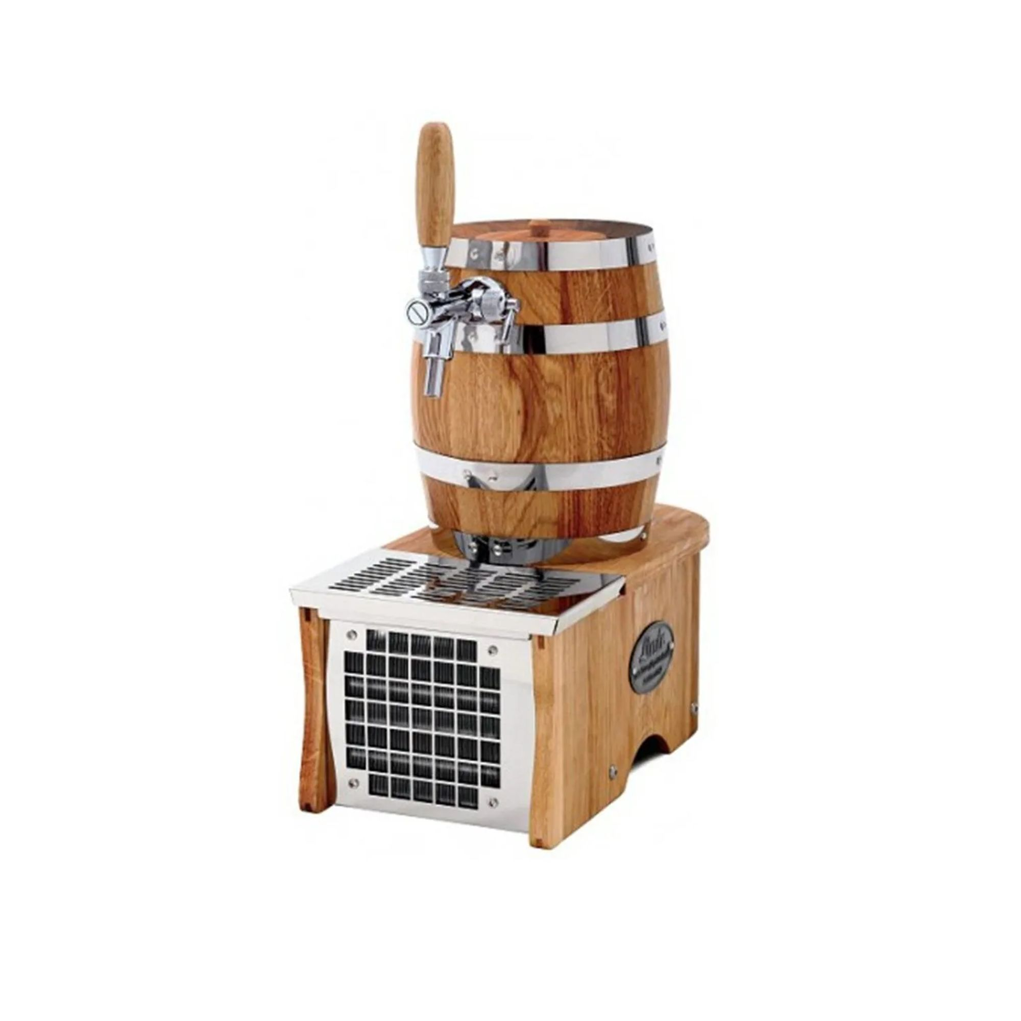 Houten vat bierdispenser met tapkraan en metalen rooster aan de voorzijde.