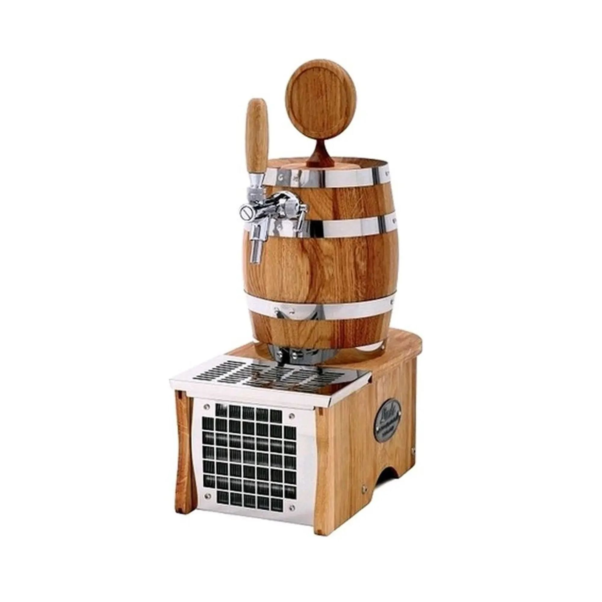 Een houten biertap met zilveren accenten en een koelrooster.