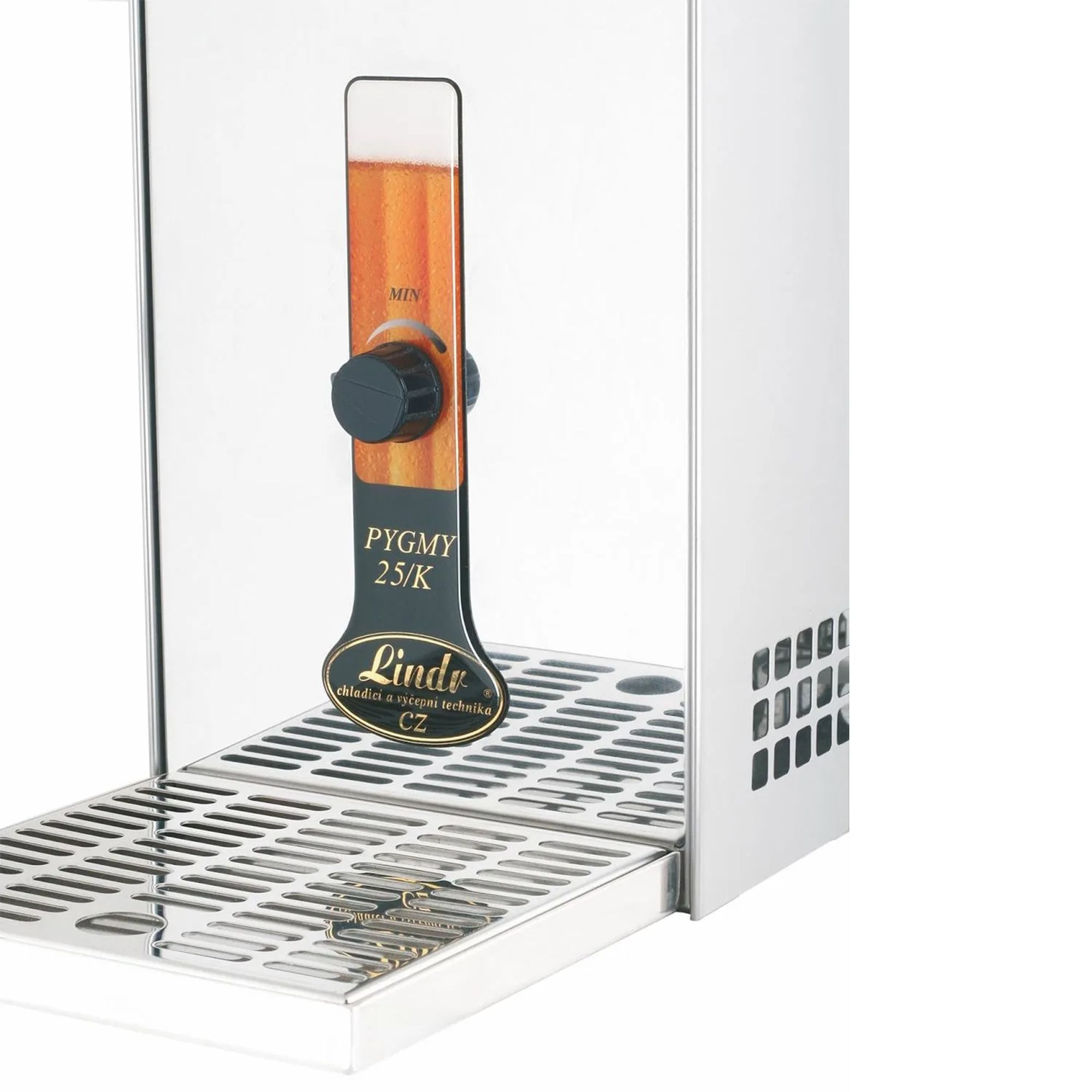 Een biertap met vulniveau-indicator en lekbak.