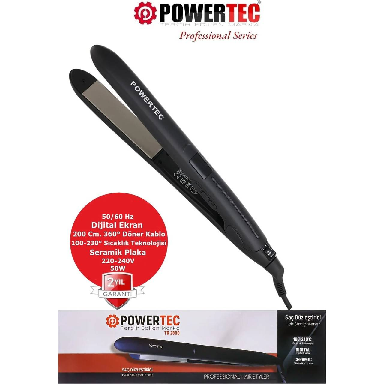 Dijital ekranlı ve seramik plakalı siyah Powertec saç düzleştirici.