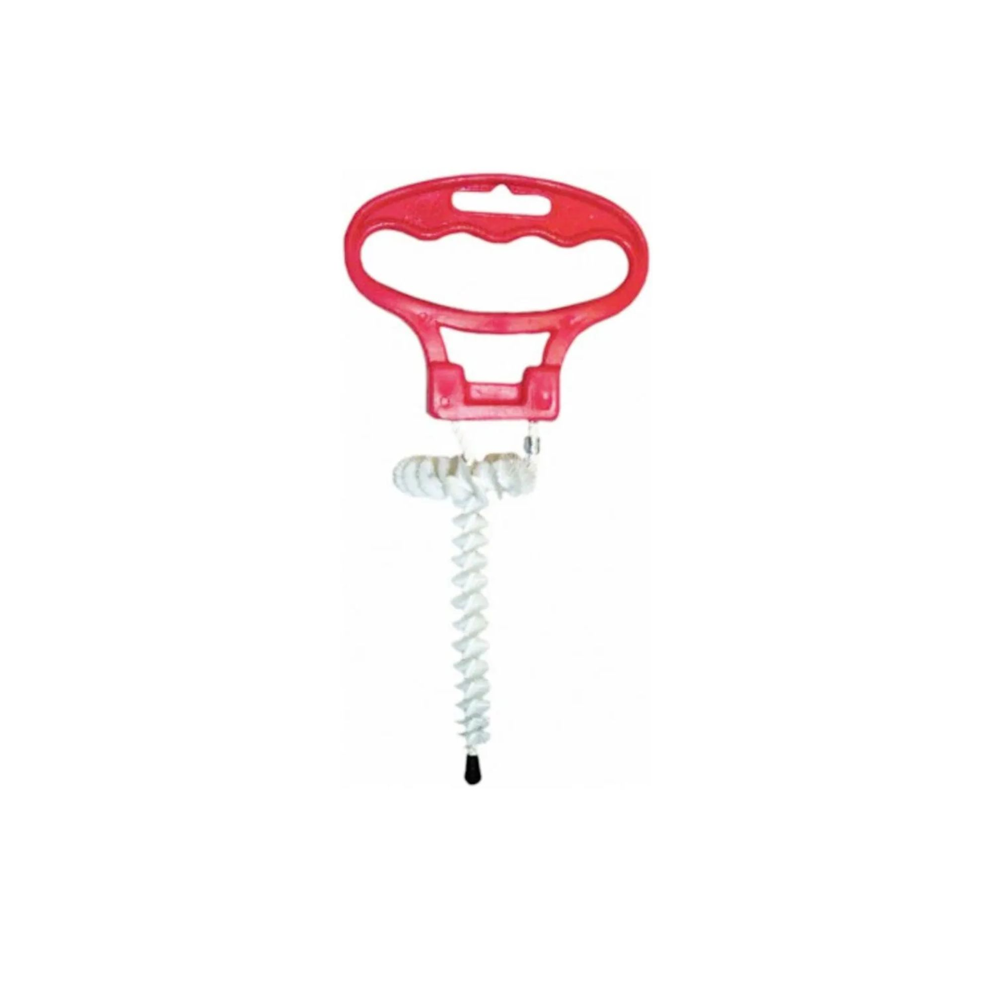 Rood handvat met witte spiraalborstel en zwarte punt.