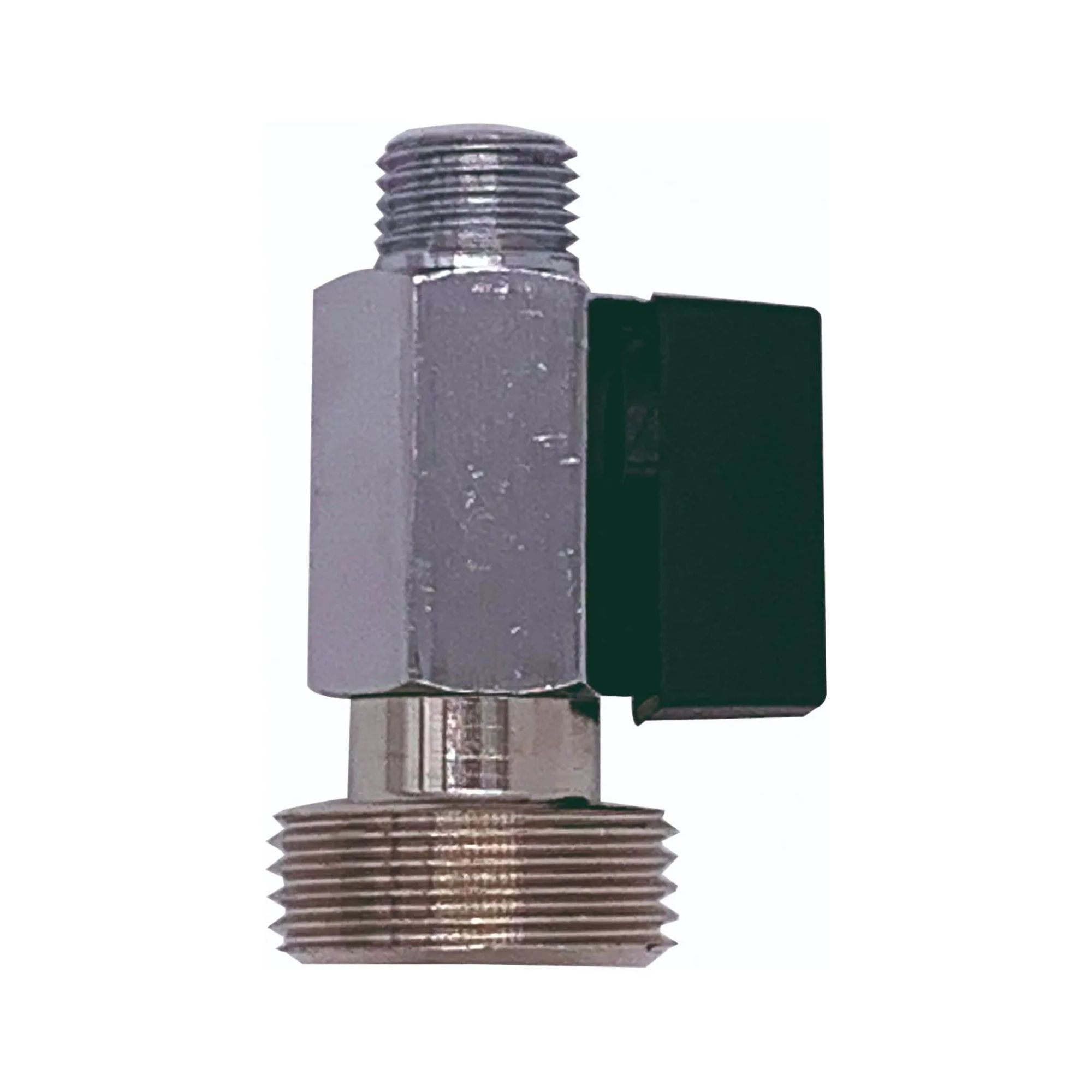 Een zilveren metalen adapter met schroefdraad en een zwart handvat.
