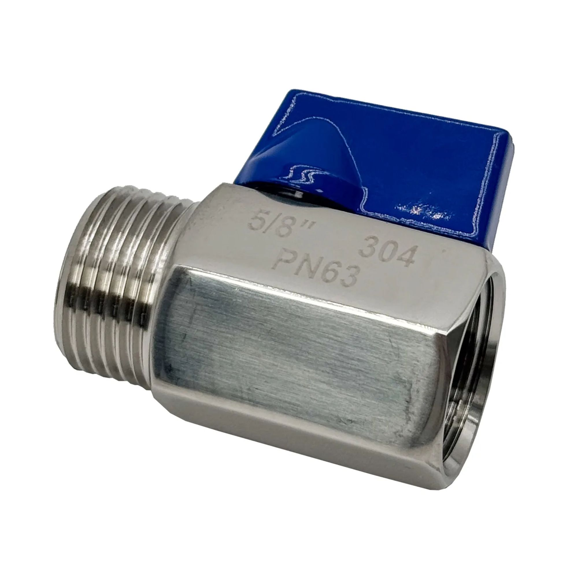 Een zilverkleppig metalen ventiel met een blauw handvat en schroefdraad.