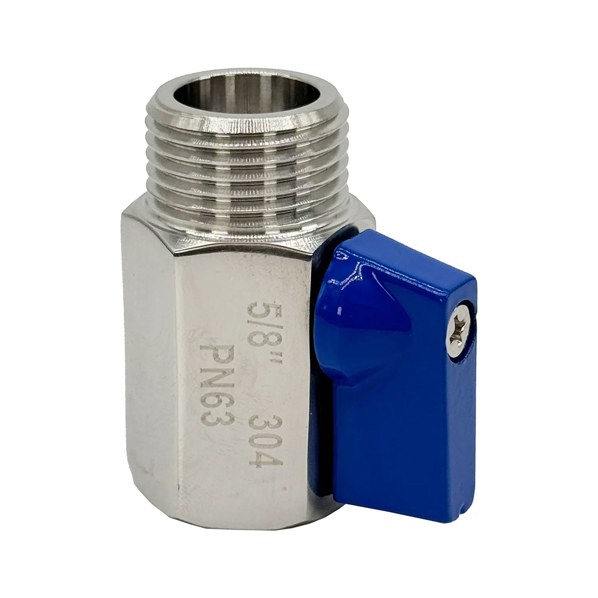 Een zilverkleppige klep met blauw handvat en schroefdraad. Gemarkeerd 5/8" PN63 304.