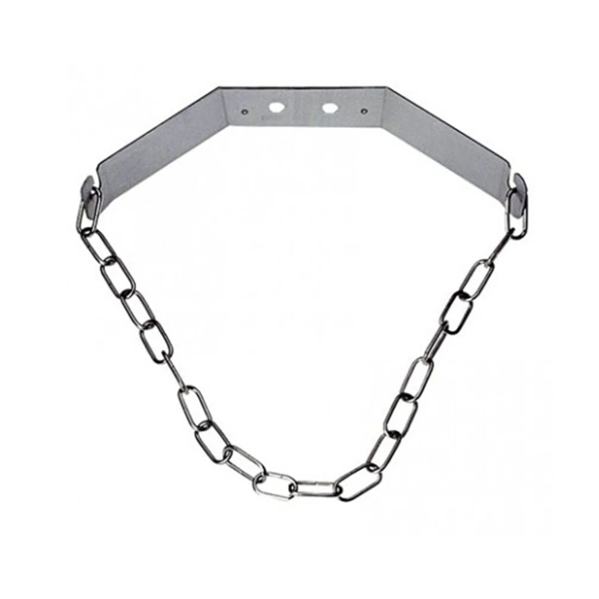 Een zilveren metalen band met twee kettingen aan de zijkanten.