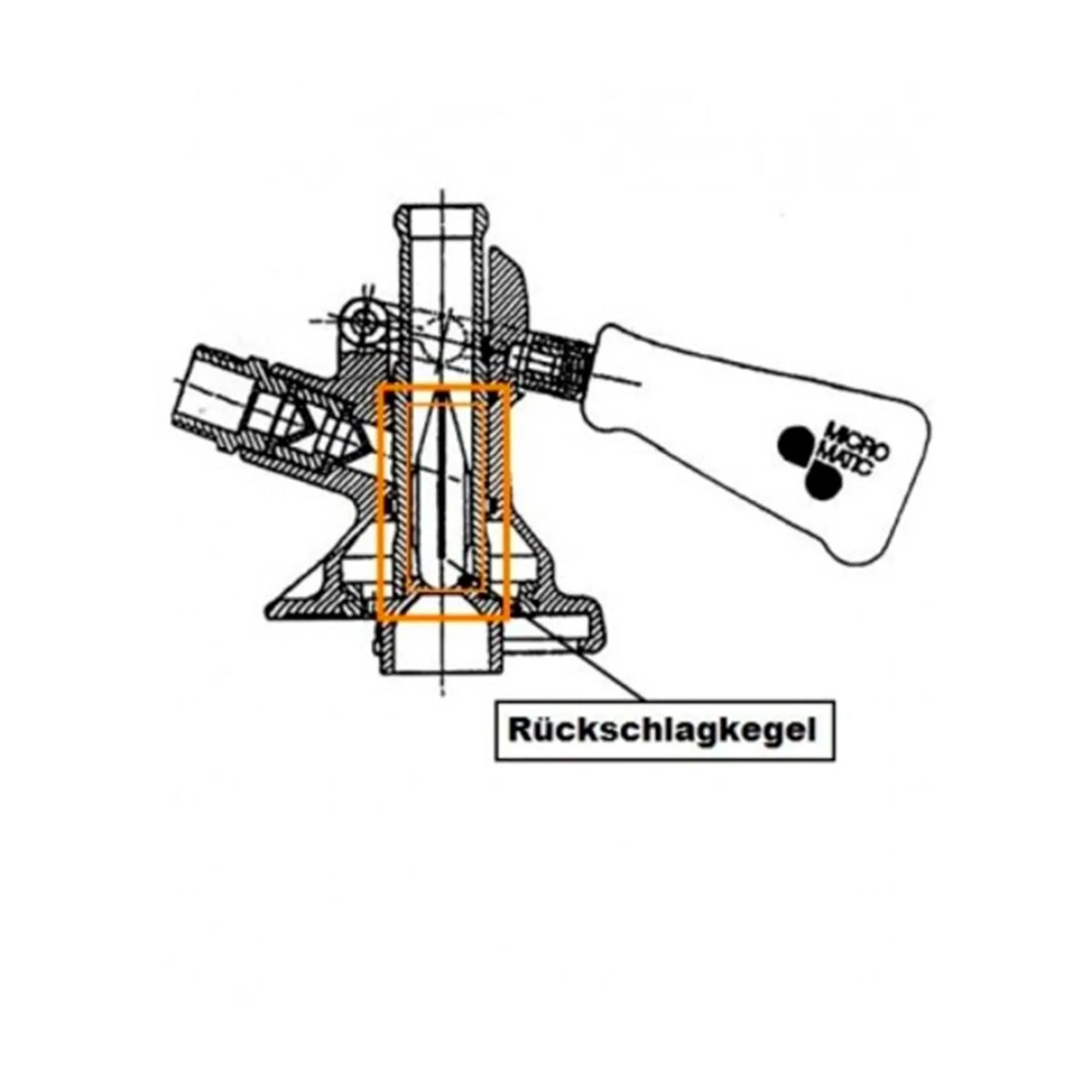 Technische tekening van een klep met terugslagkegel en handvat.