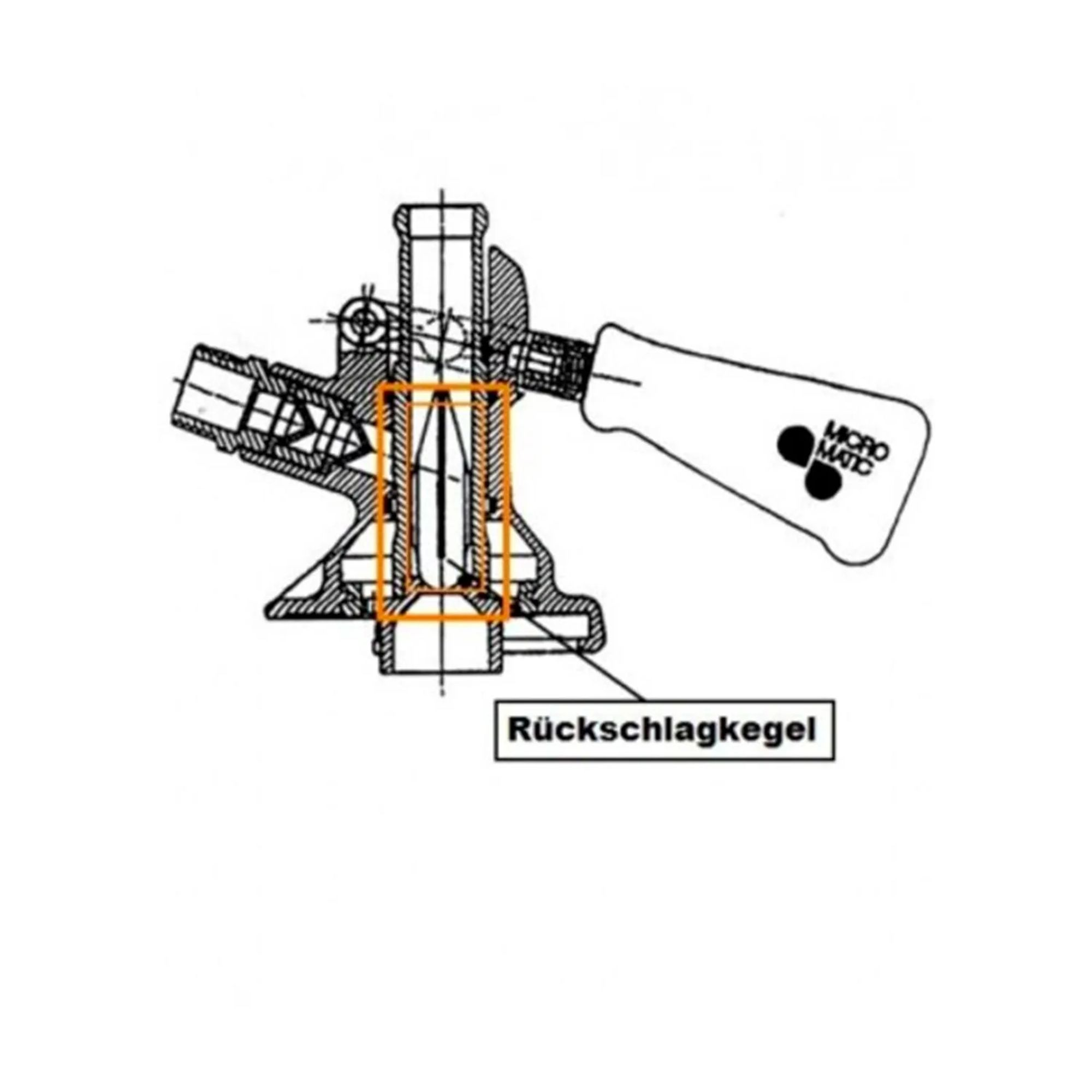 Technische tekening van een terugslagklep met een oranje kader rond de klepkegel.