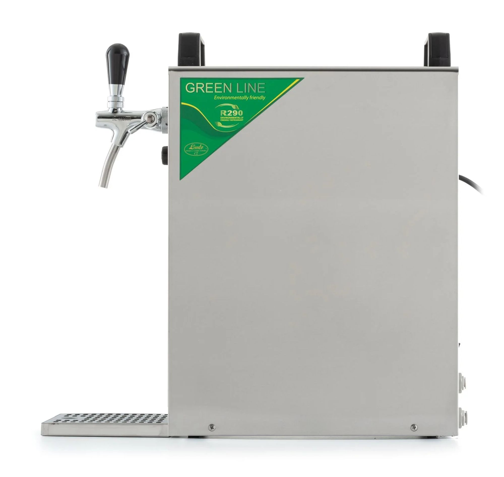 Een zilveren drankdispenser met een tapkraan en een groen "Green Line" label.