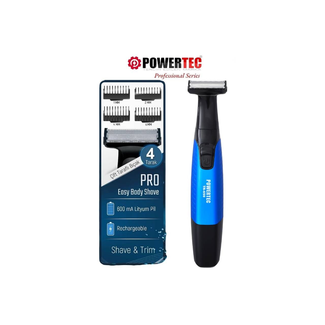 Dört tarak aparatı ve ürün detayları olan mavi ve siyah Powertec vücut tüy giderici.