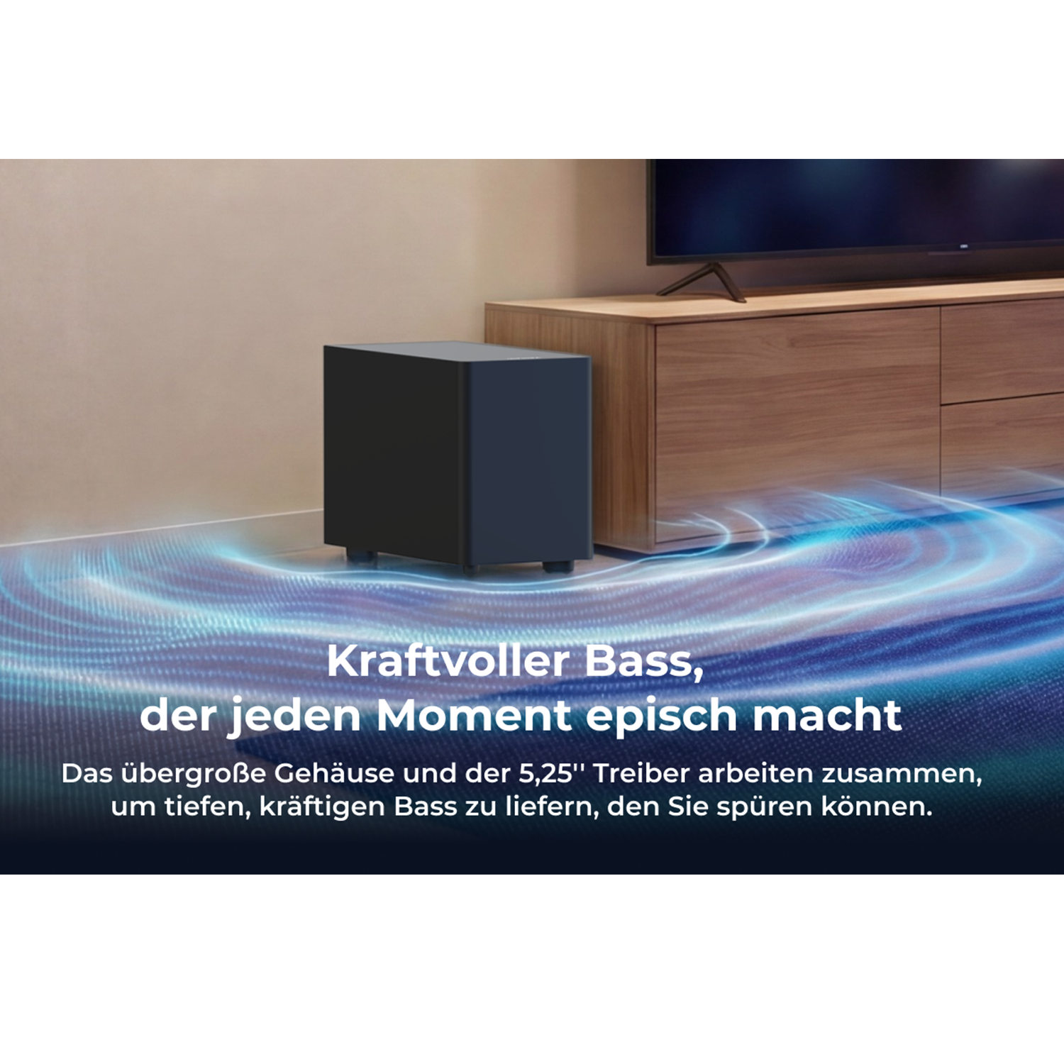 Subwoofer negro delante de un mueble de TV con patrón de ondas.