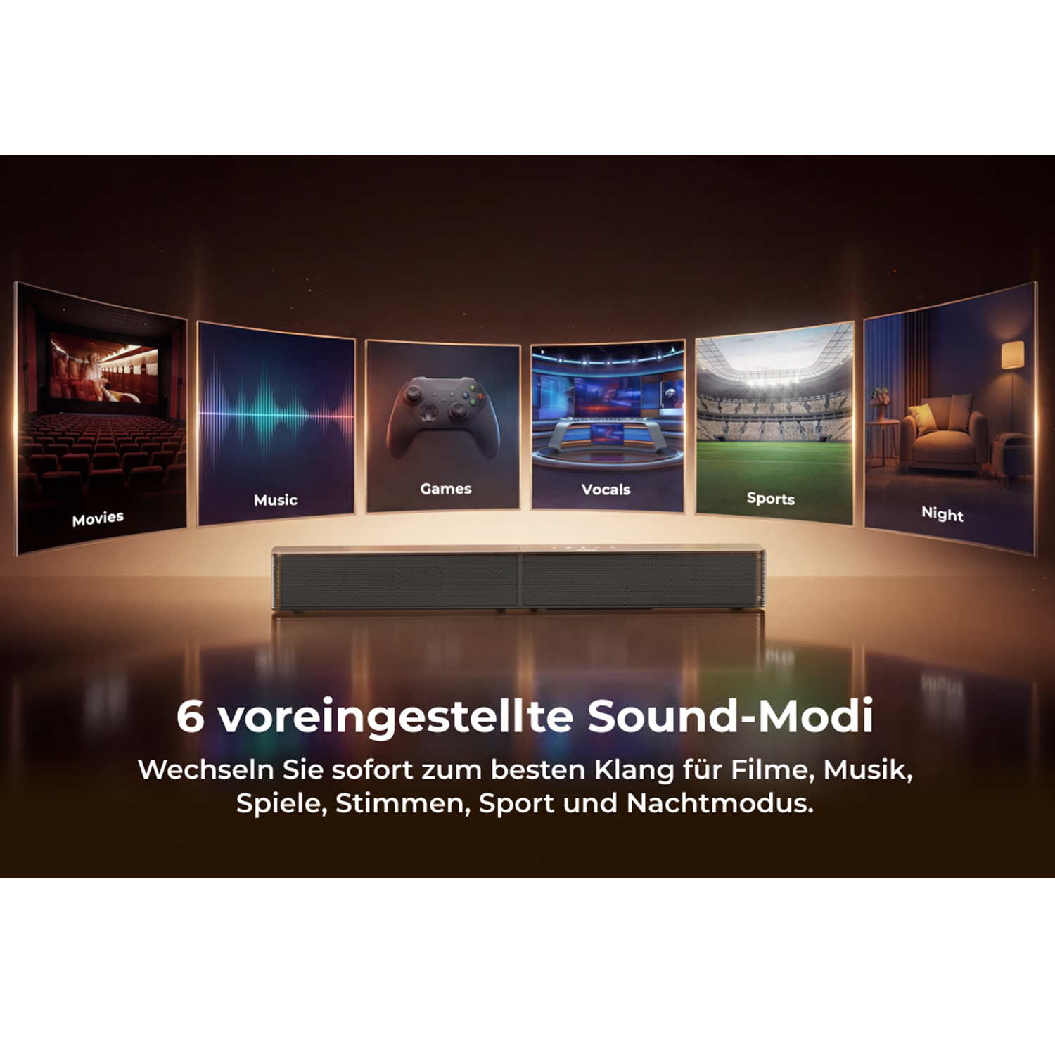 Sechs Sound-Modi: Film, Musik, Spiele, Vocals, Sport, Nacht.