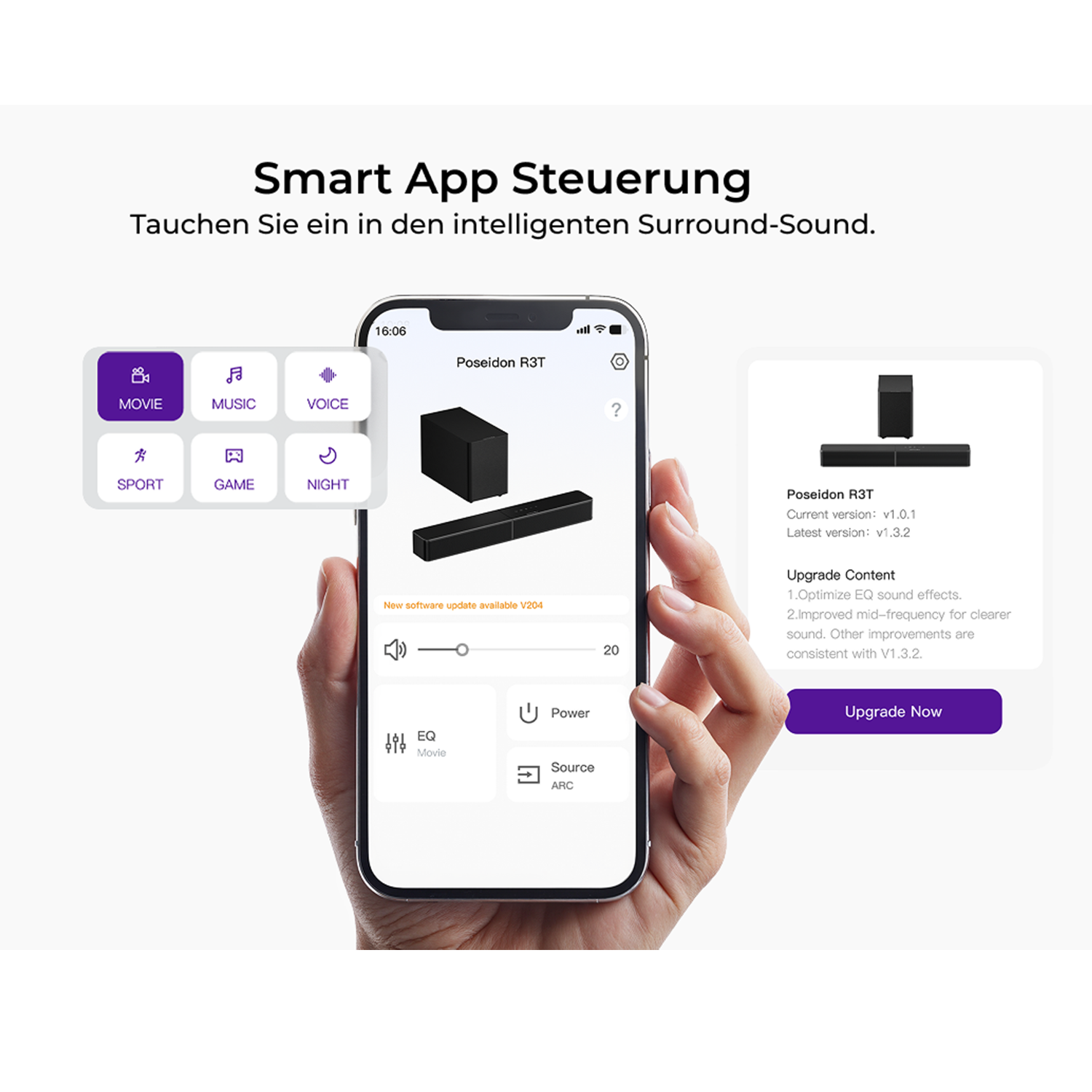 Mano sostiene smartphone con app que controla barra de sonido. Info de actualización.