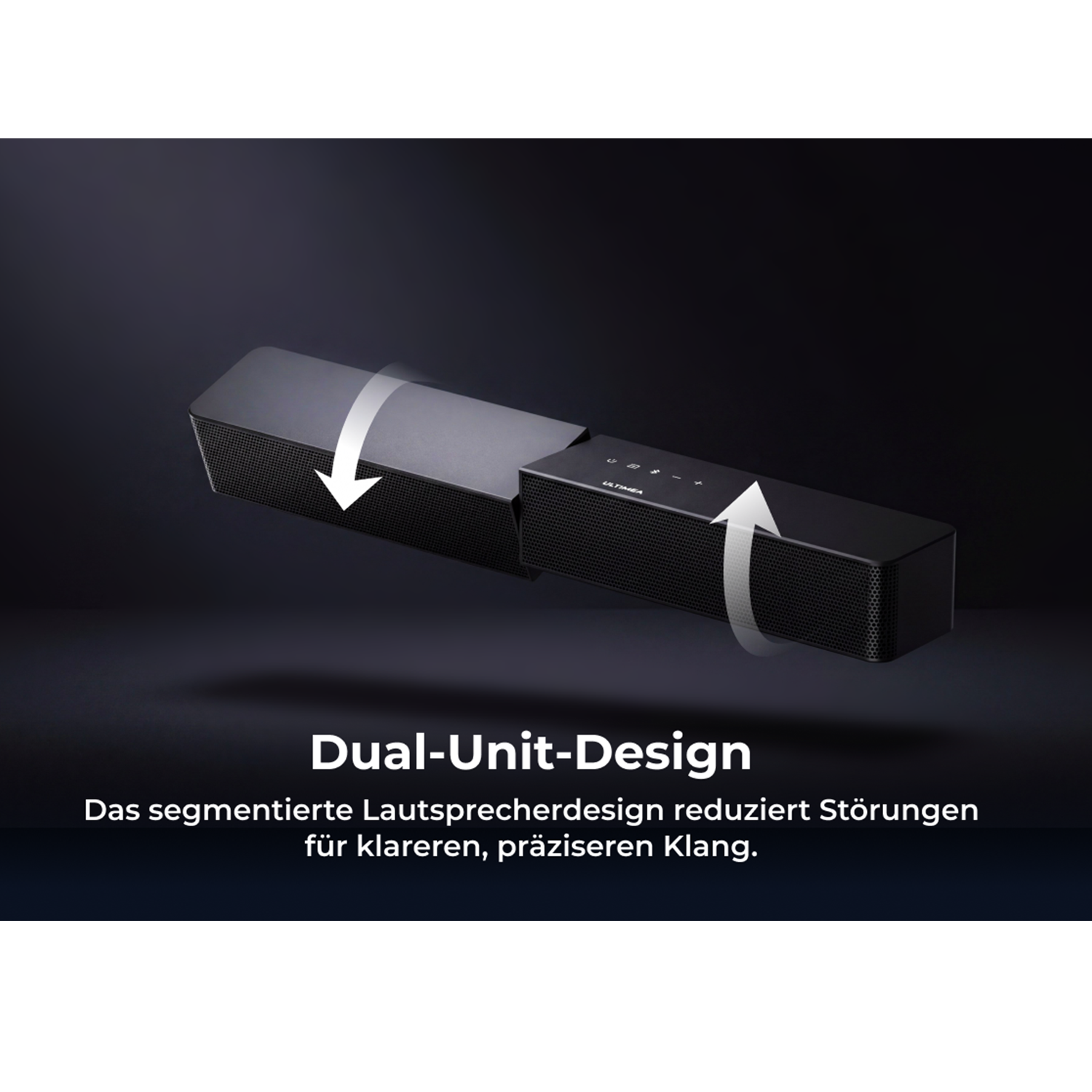 Zwei schwarze Lautsprecherriegel mit Pfeilen, die ihre Trennung anzeigen.