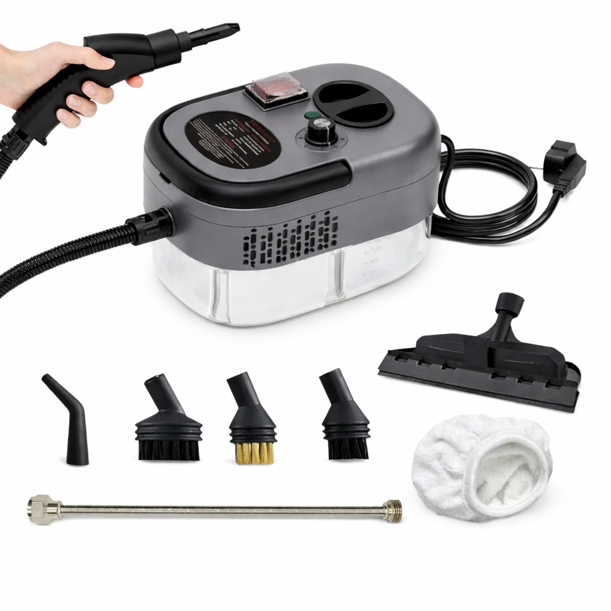 Un limpiador a vapor con accesorios: boquilla manual, unidad principal, accesorio de suelo.