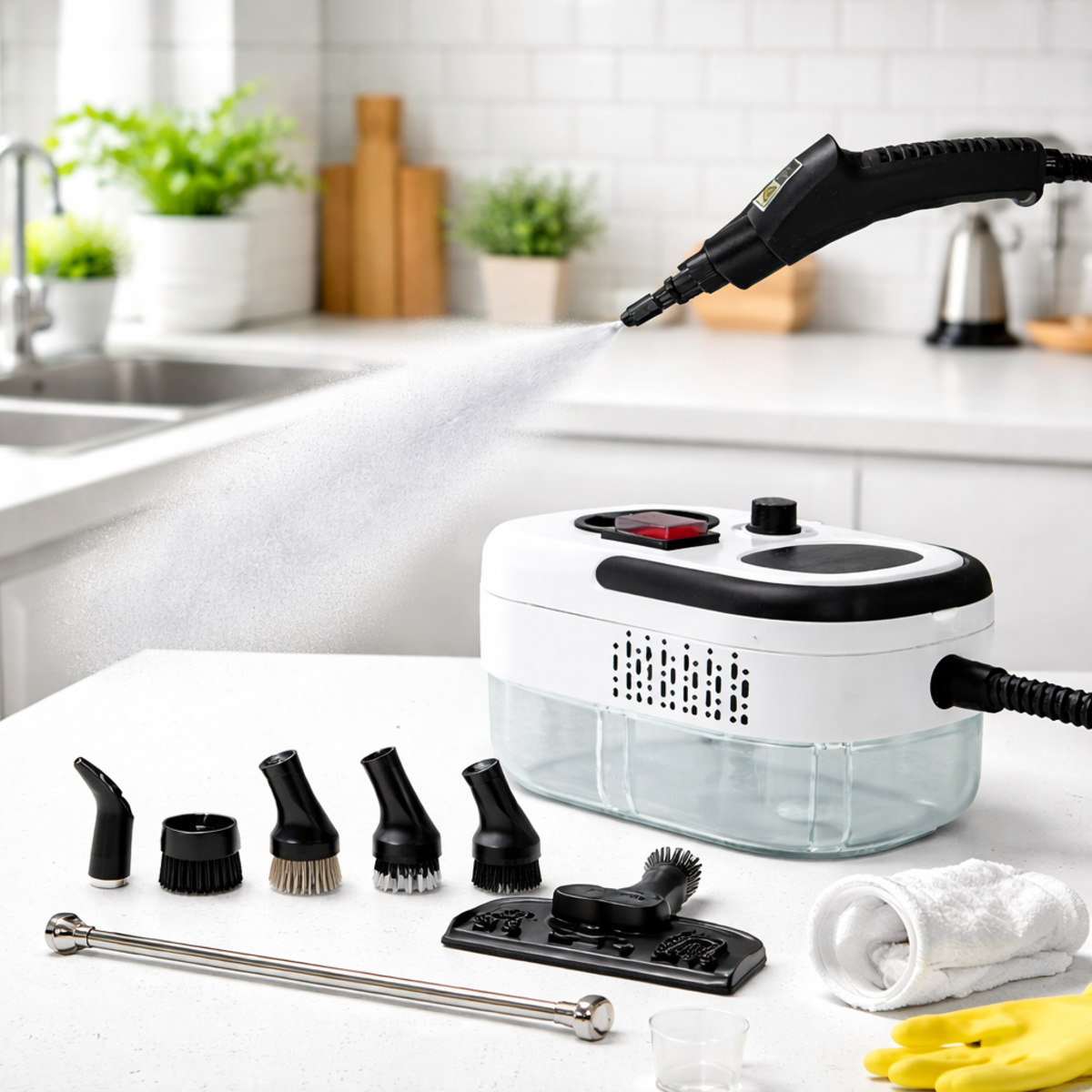 Se muestra un limpiador a vapor con accesorios en una cocina. Se está rociando vapor.