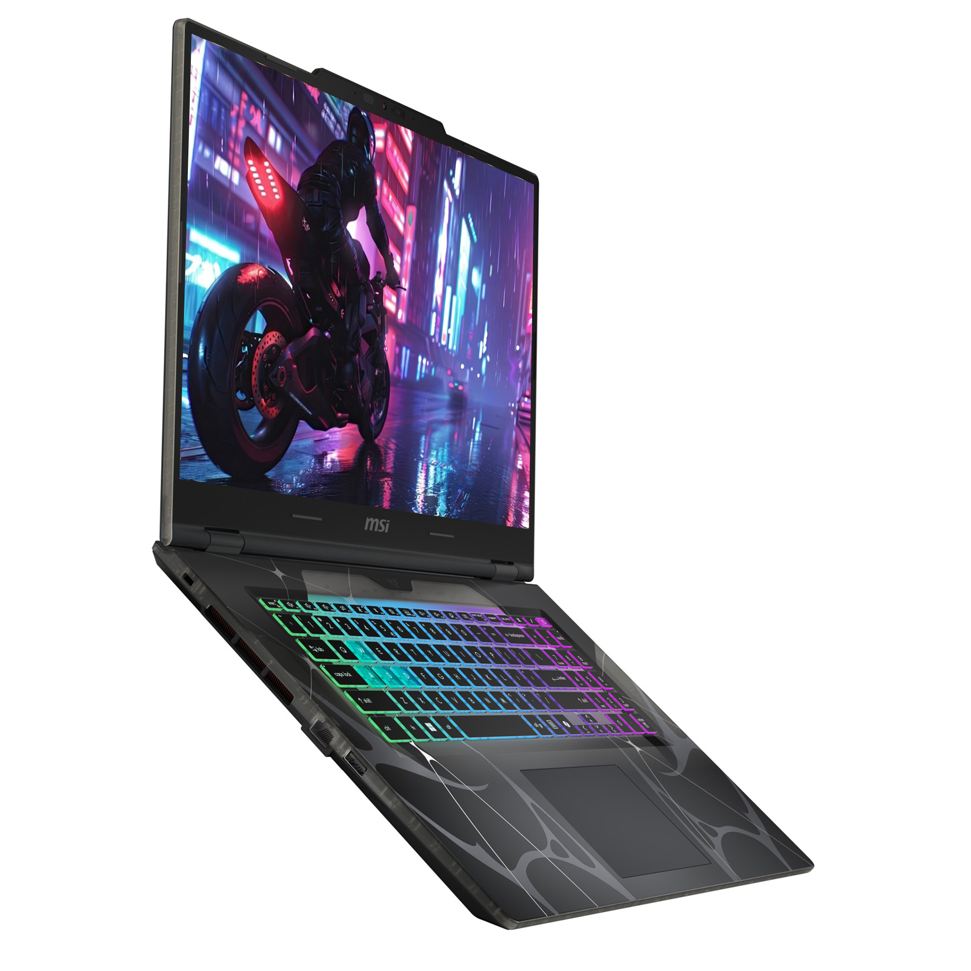 Ekranında cyberpunk resim ve RGB klavyeli MSI dizüstü bilgisayar.