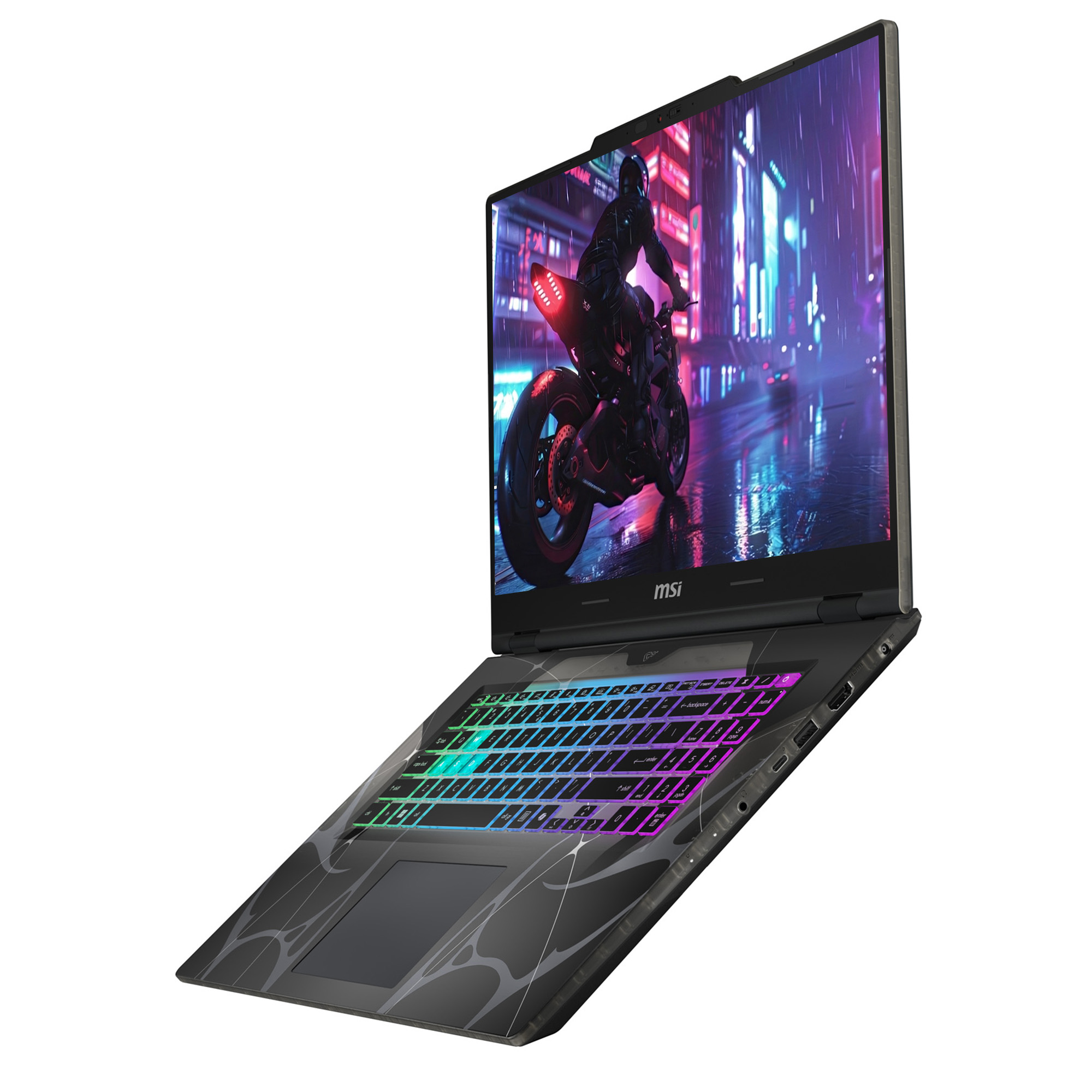 Ekranında cyberpunk sahnesi ve aydınlatmalı klavyesi olan açık bir MSI dizüstü bilgisayar.