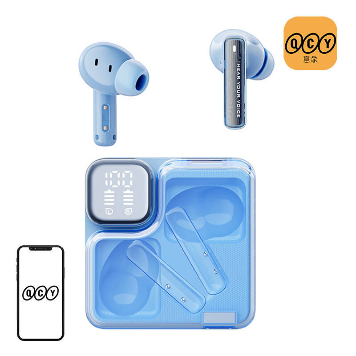 Auricolari wireless blu con custodia di ricarica e display smartphone.