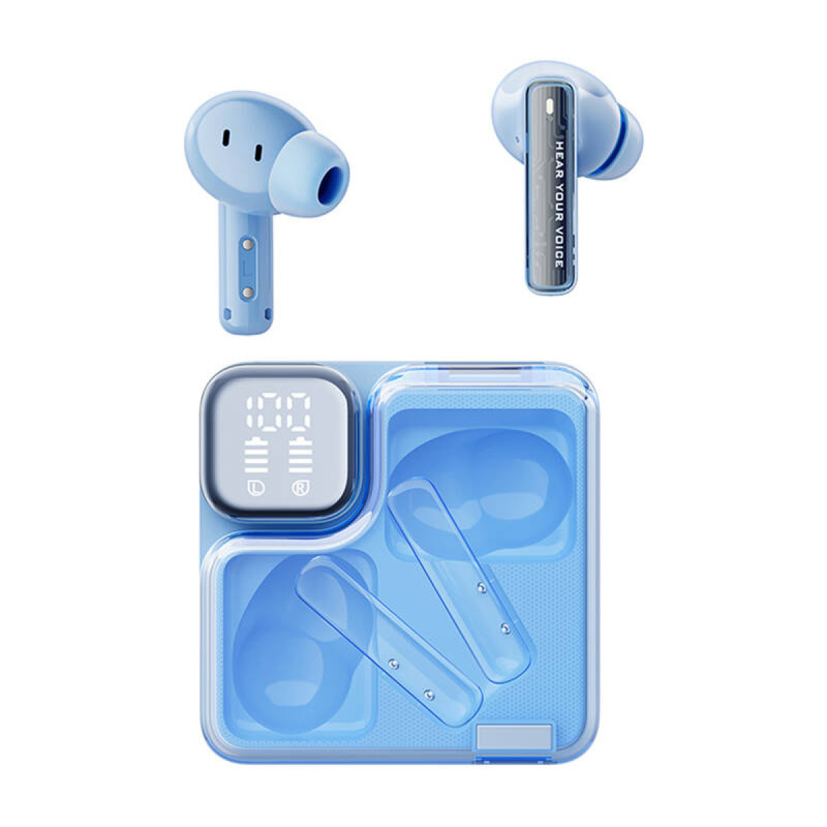 Auricolari wireless azzurri e custodia di ricarica con display digitale.