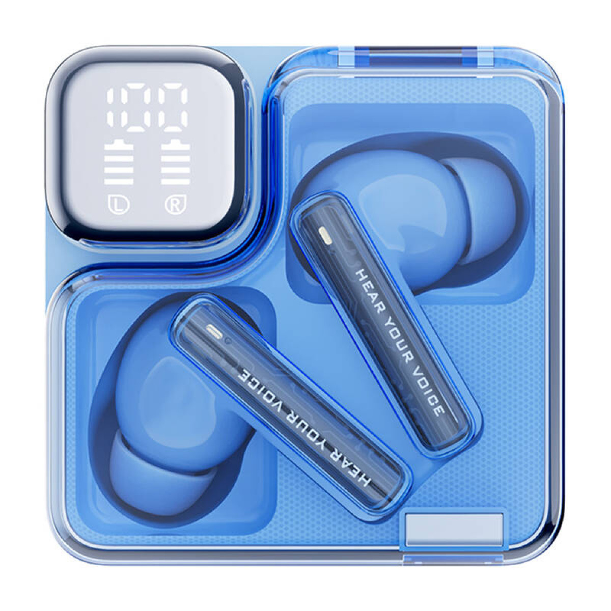 Auricolari wireless blu in custodia di ricarica trasparente con display digitale.