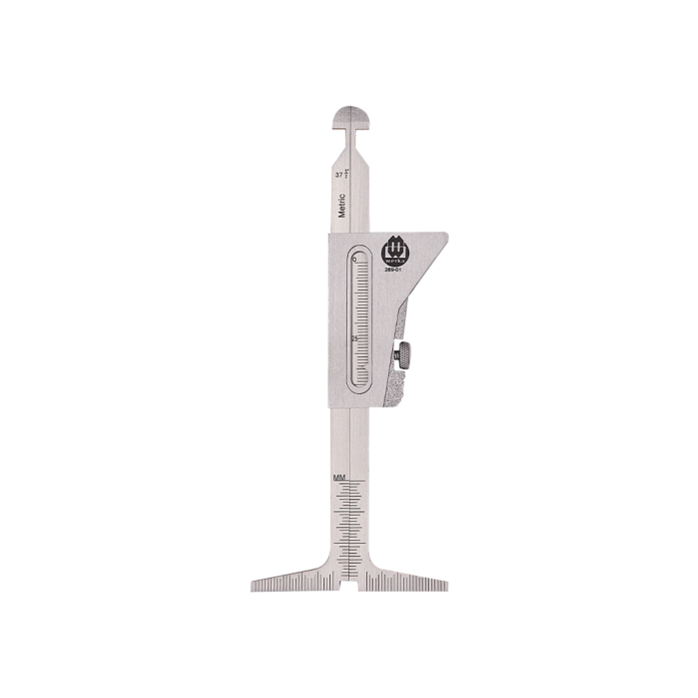 Metrik ölçekli ve 0-37 mm ölçüm aralığına sahip gümüş renkli derinlik ölçer.