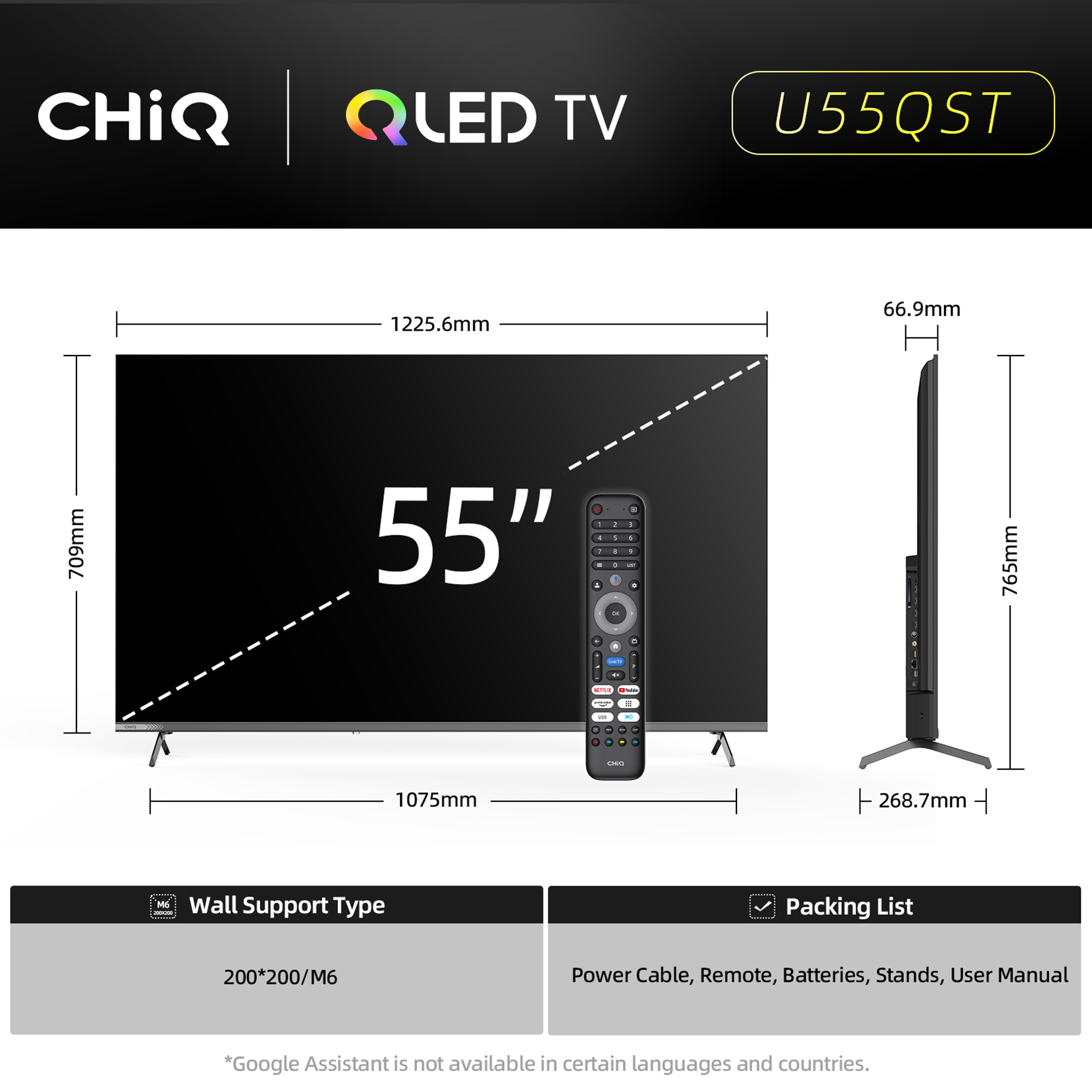 Specyfikacja TV CHIQ U55QST QLED: ekran 55 cali, wymiary, pilot, informacje o mocowaniu ściennym.