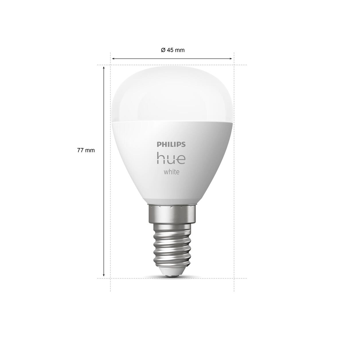 Eine weiße Philips Hue Lampe mit silbernem Gewindesockel, 77mm hoch, 45mm breit.