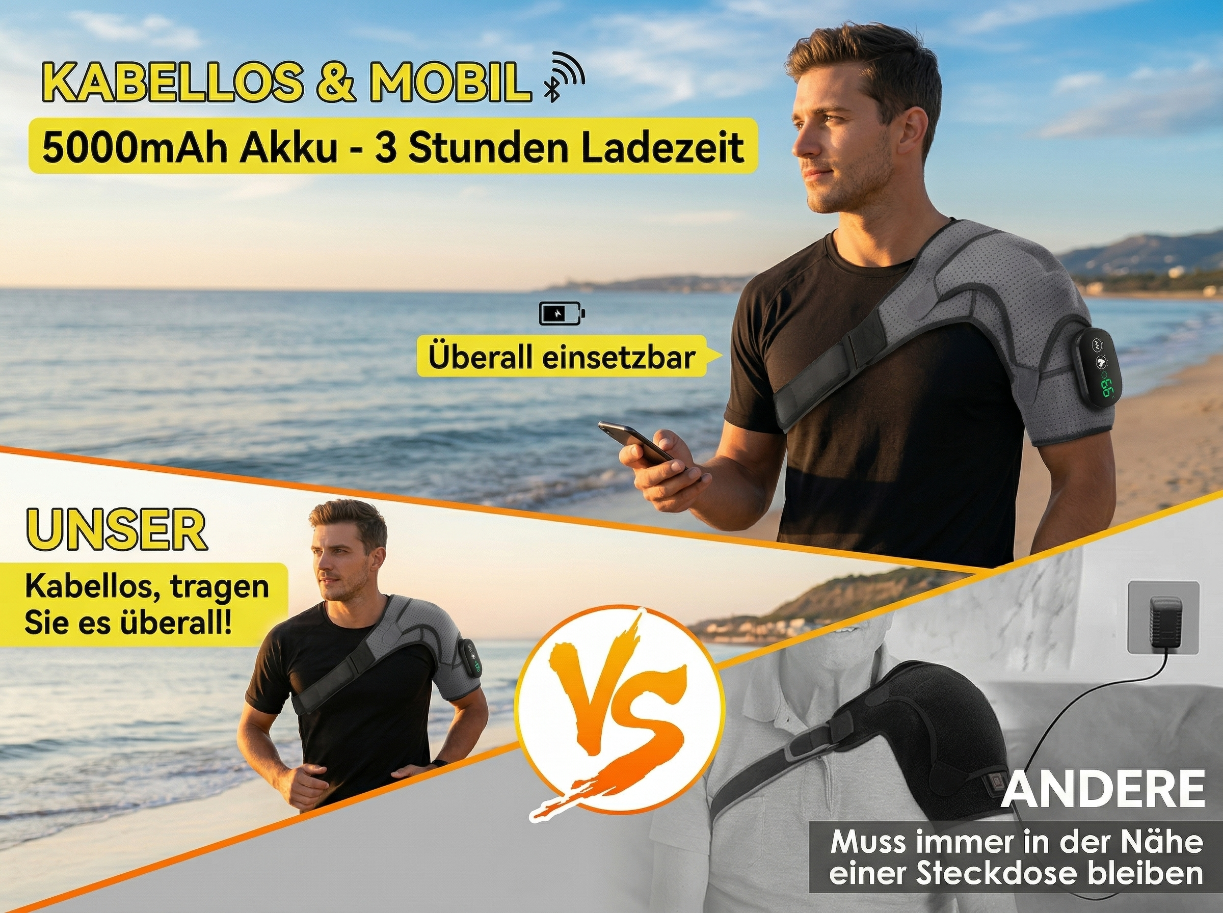 Mann am Strand mit Schulter-Massagegerät, kabellos und mobil, 5000mAh Akku.