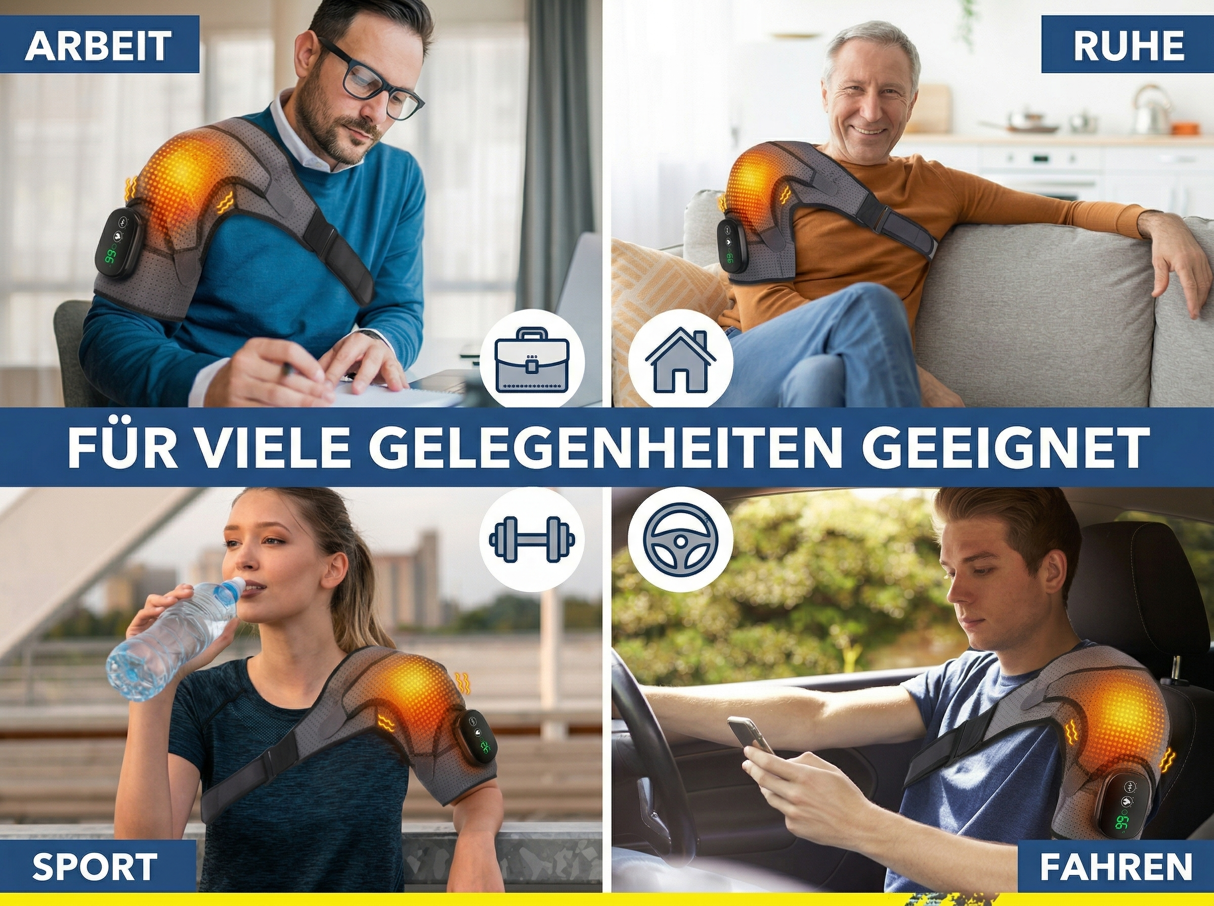 Vier Szenen zeigen ein Schultermassagegerät bei der Arbeit, zu Hause, beim Sport und beim Fahren.
