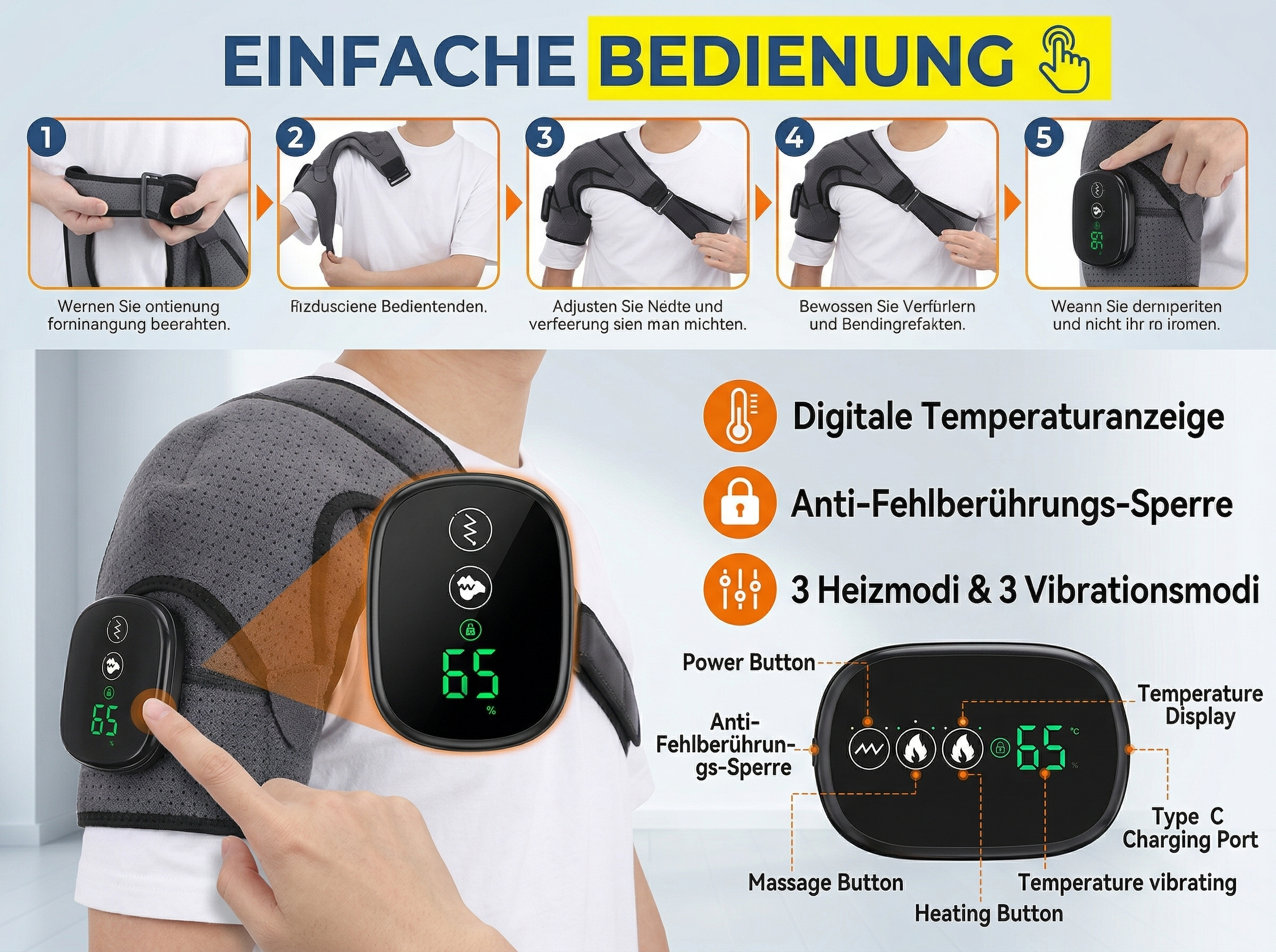 Anleitung für eine Schulterstütze mit digitaler Anzeige, Heizmodi und Vibrationsmodi.