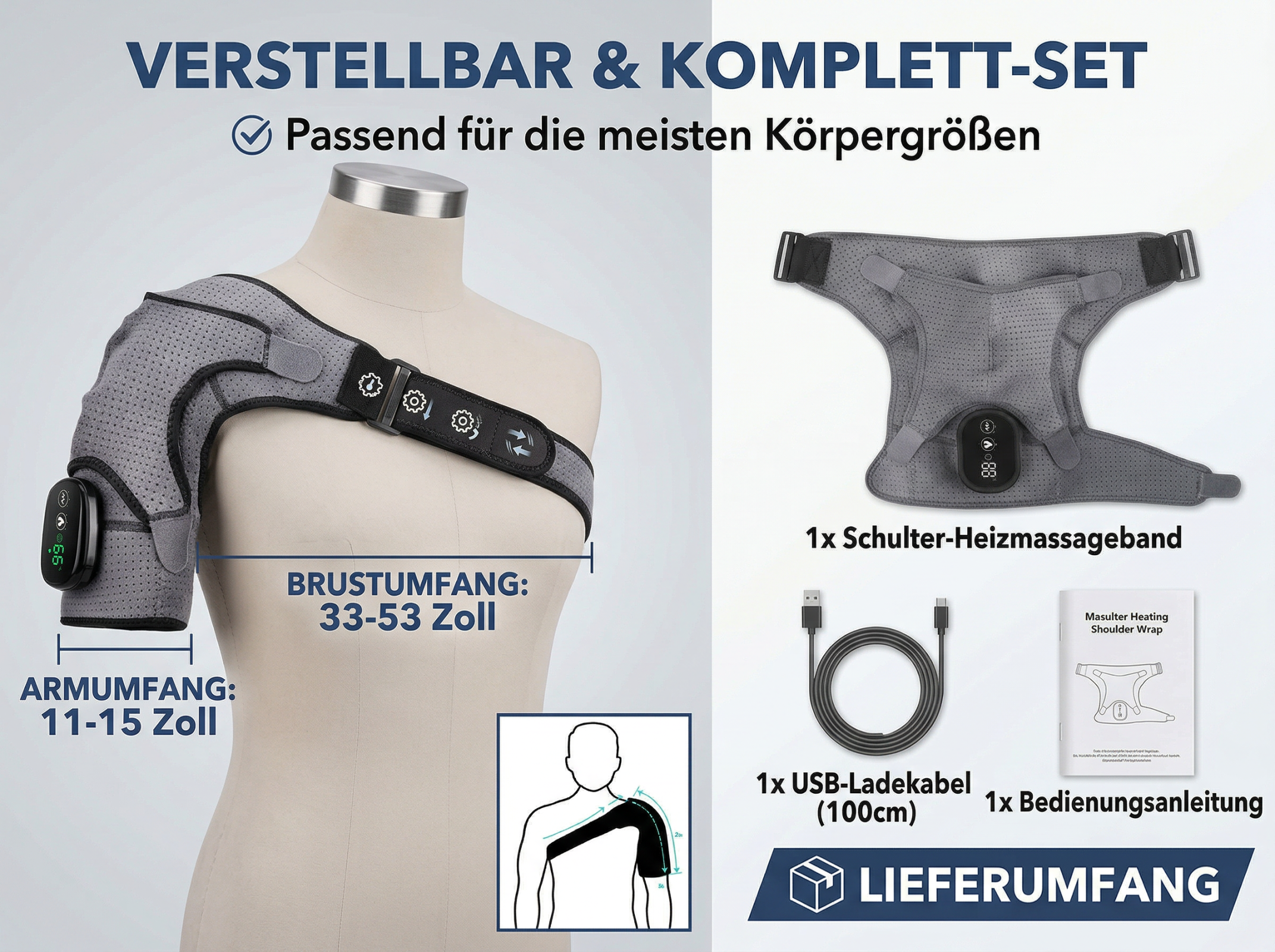 Graue Schulterbandage mit Heiz- und Massagefunktion auf einer Schaufensterpuppe.