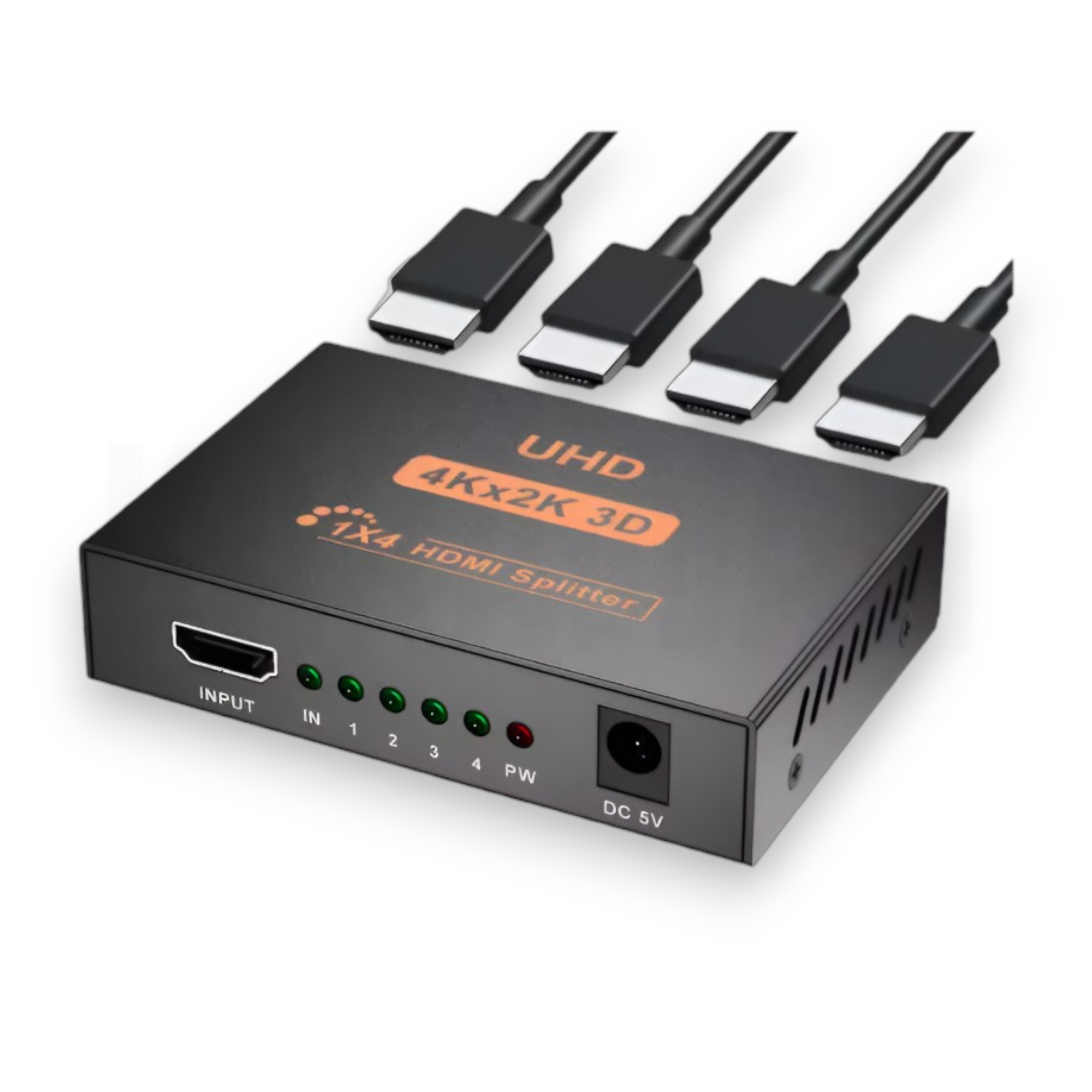 Divisor HDMI negro con 4 cables HDMI, etiquetado UHD 4Kx2K 3D 1x4.