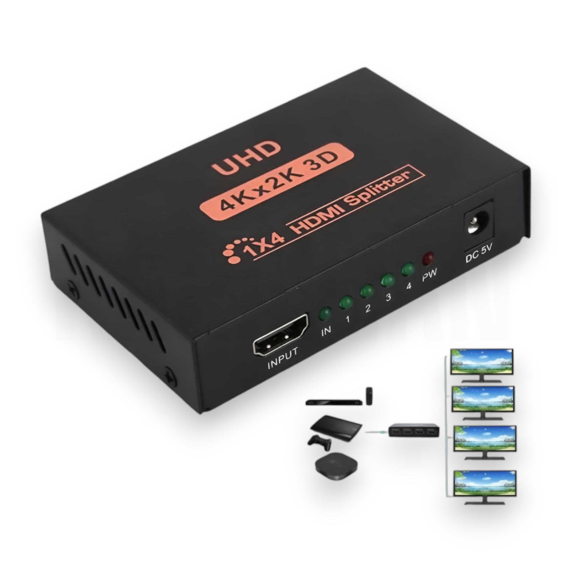 Un divisor HDMI negro 1x4 con etiquetas UHD, 4Kx2K 3D y luces indicadoras.