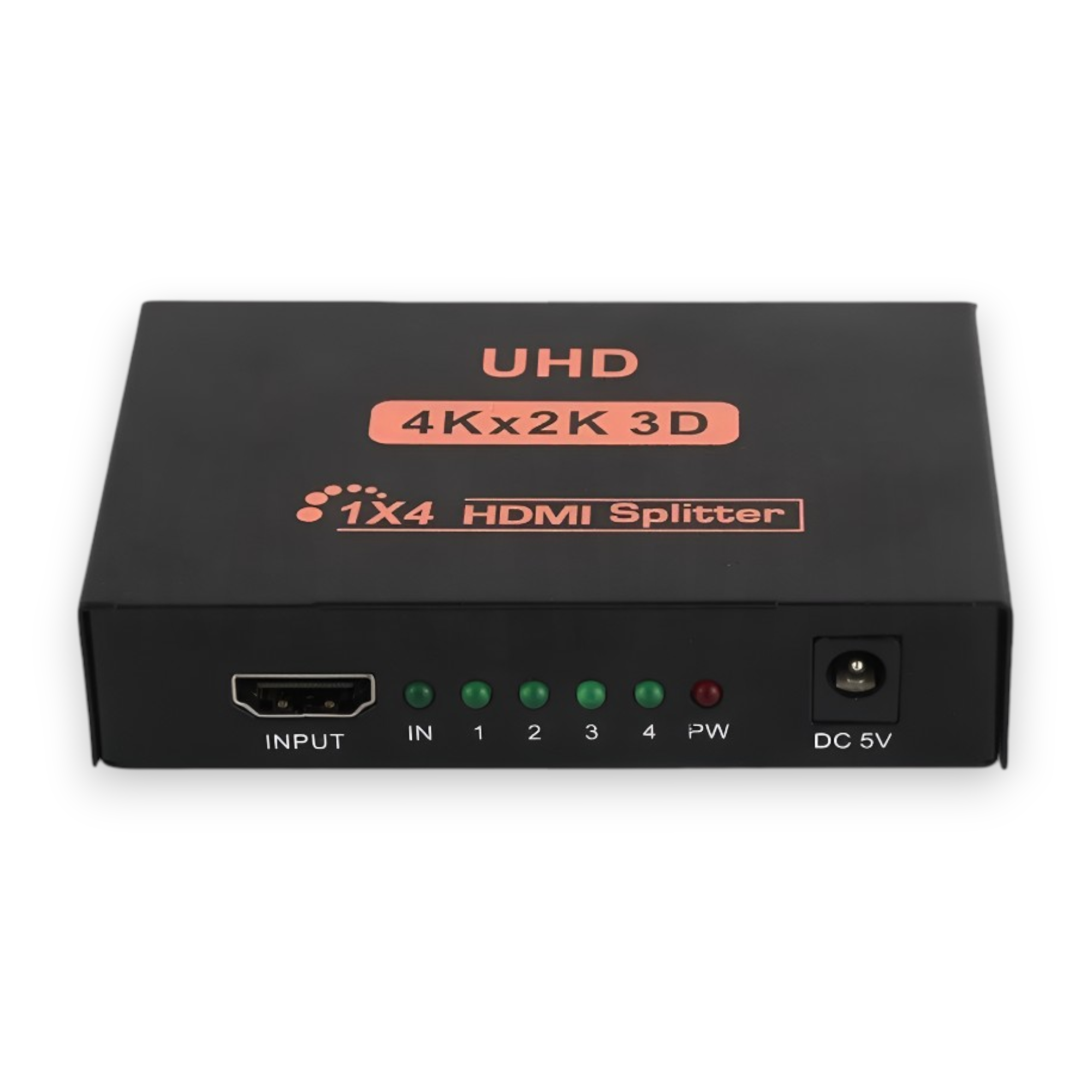 Un divisor HDMI negro 1x4 con puertos y luces indicadoras.