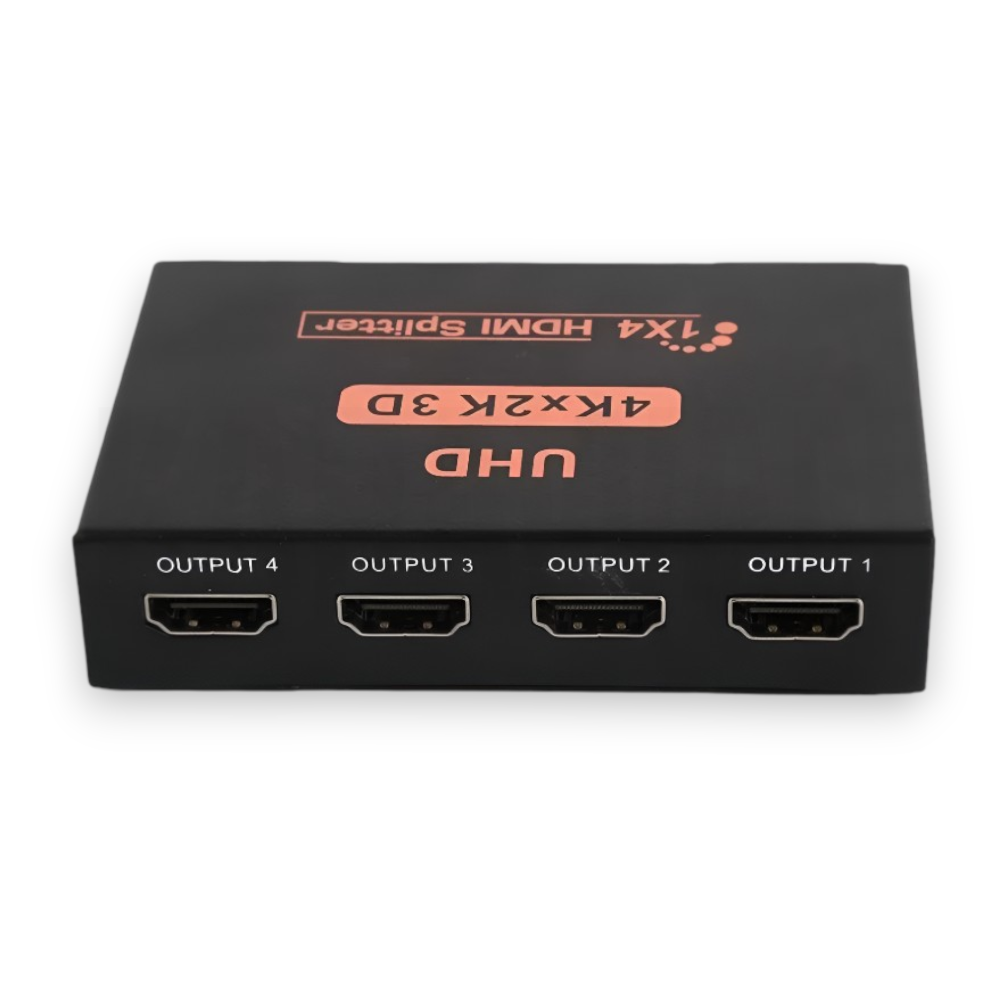 Divisor HDMI negro 1x4 con cuatro puertos de salida HDMI.