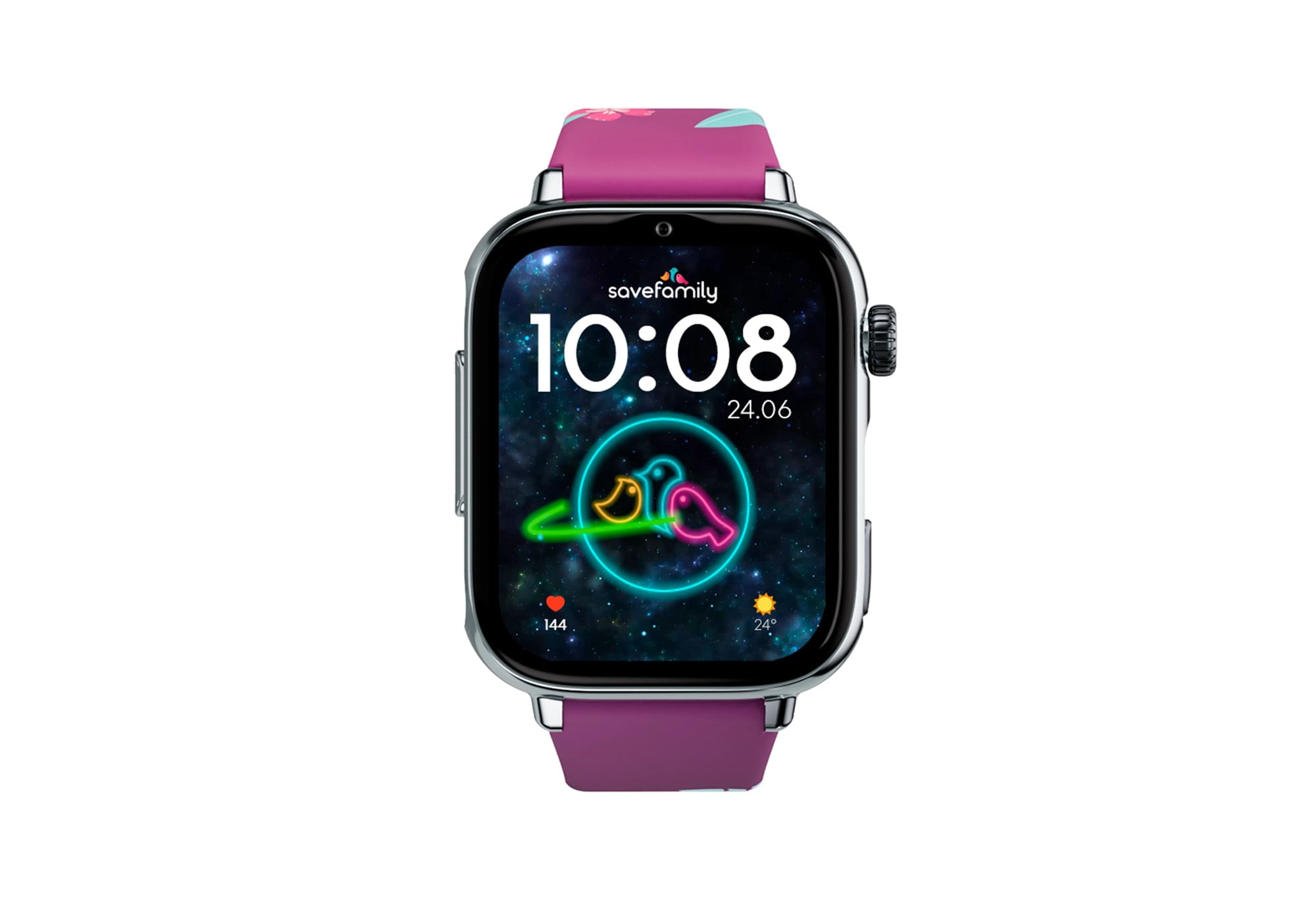 Un reloj inteligente con correa rosa muestra las 10:08. El fondo es azul oscuro con estrellas.