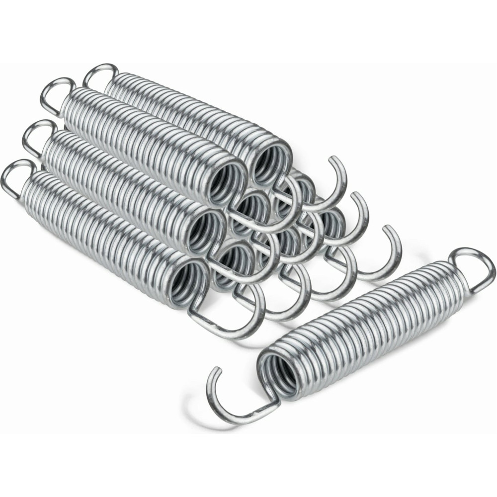 Grupa srebrnych metalowych sprężyn z haczykami na każdym końcu, ułożonych razem.