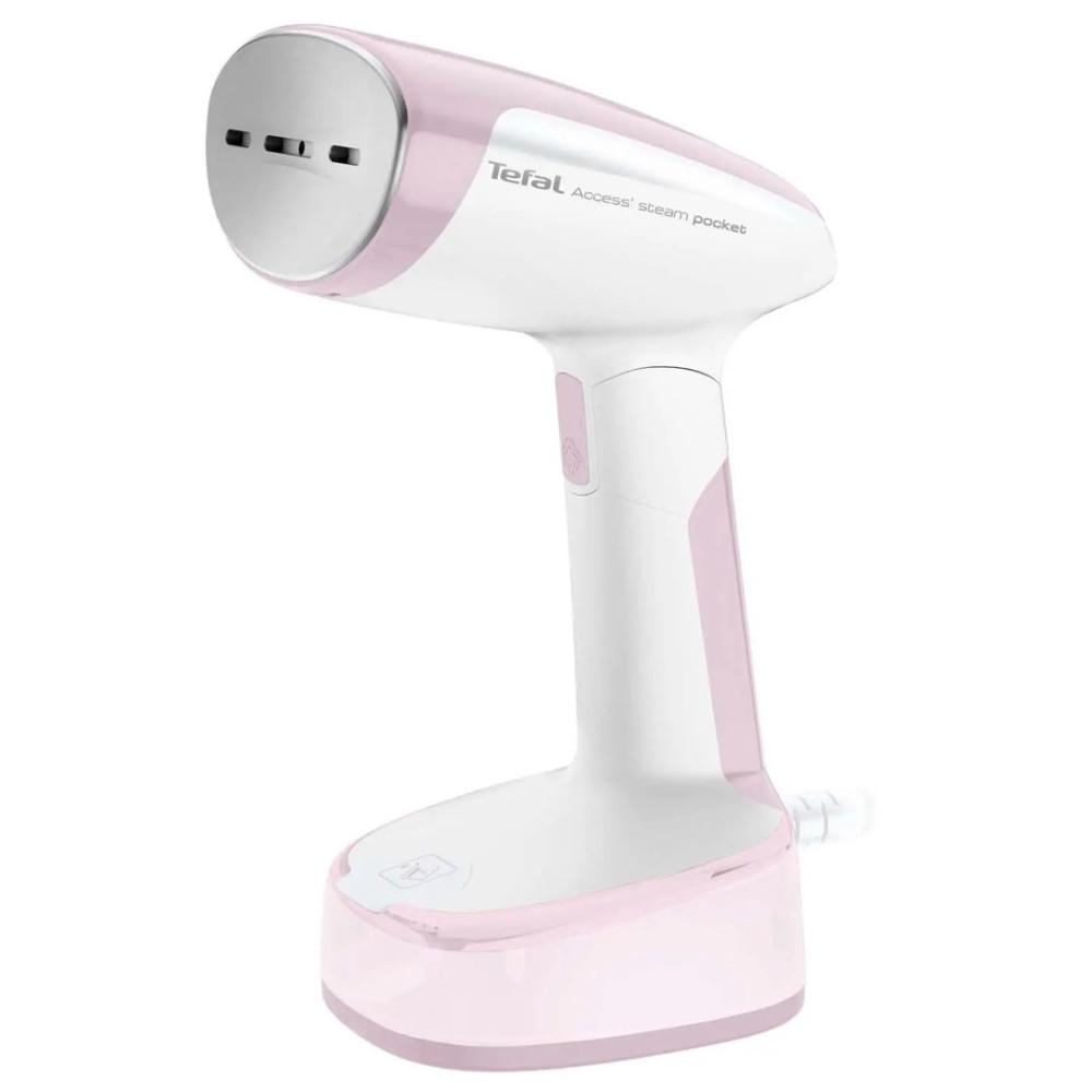 Un vaporizzatore per abiti portatile Tefal bianco e rosa con ugello argento.