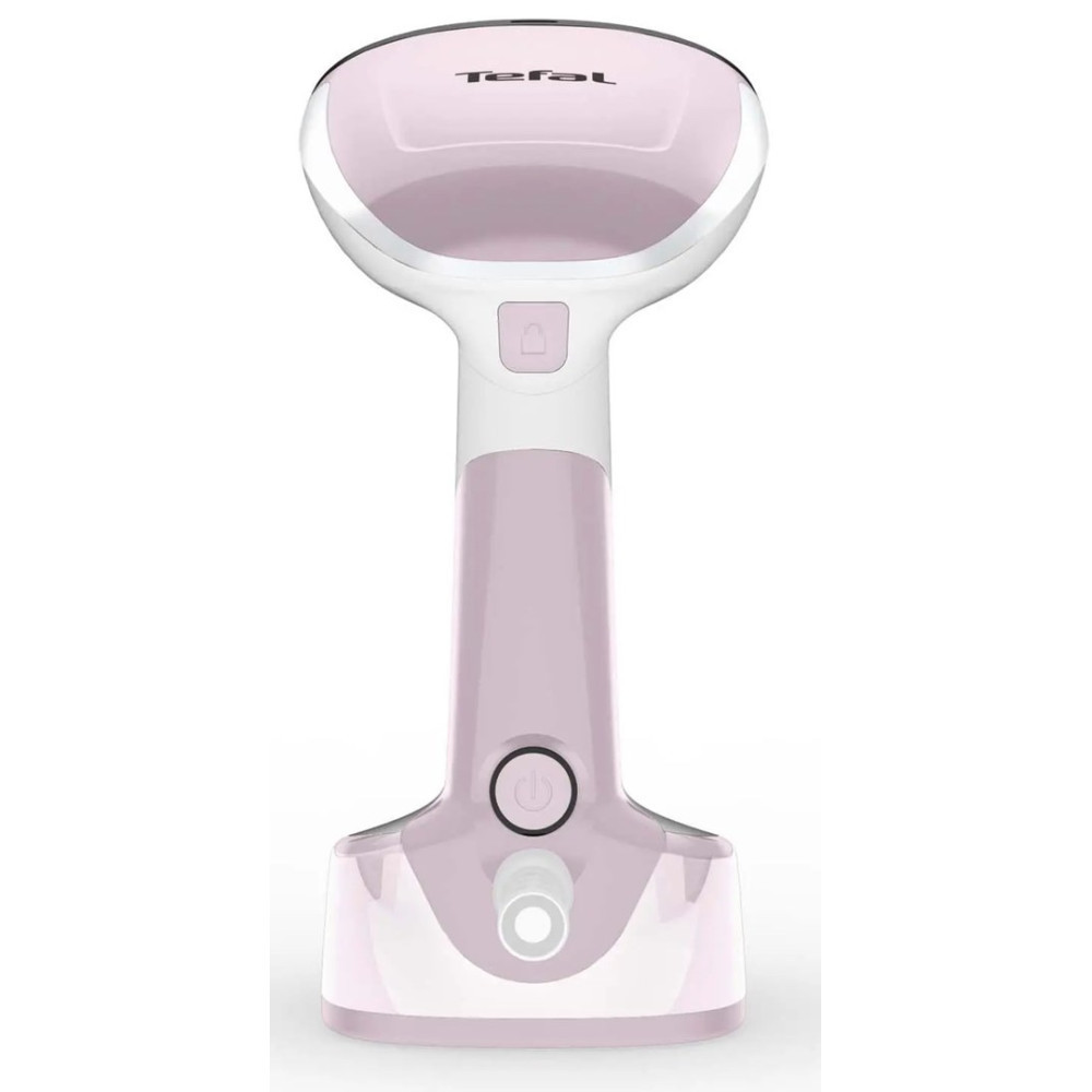 Un vaporizzatore portatile Tefal rosa e bianco con base di alimentazione.