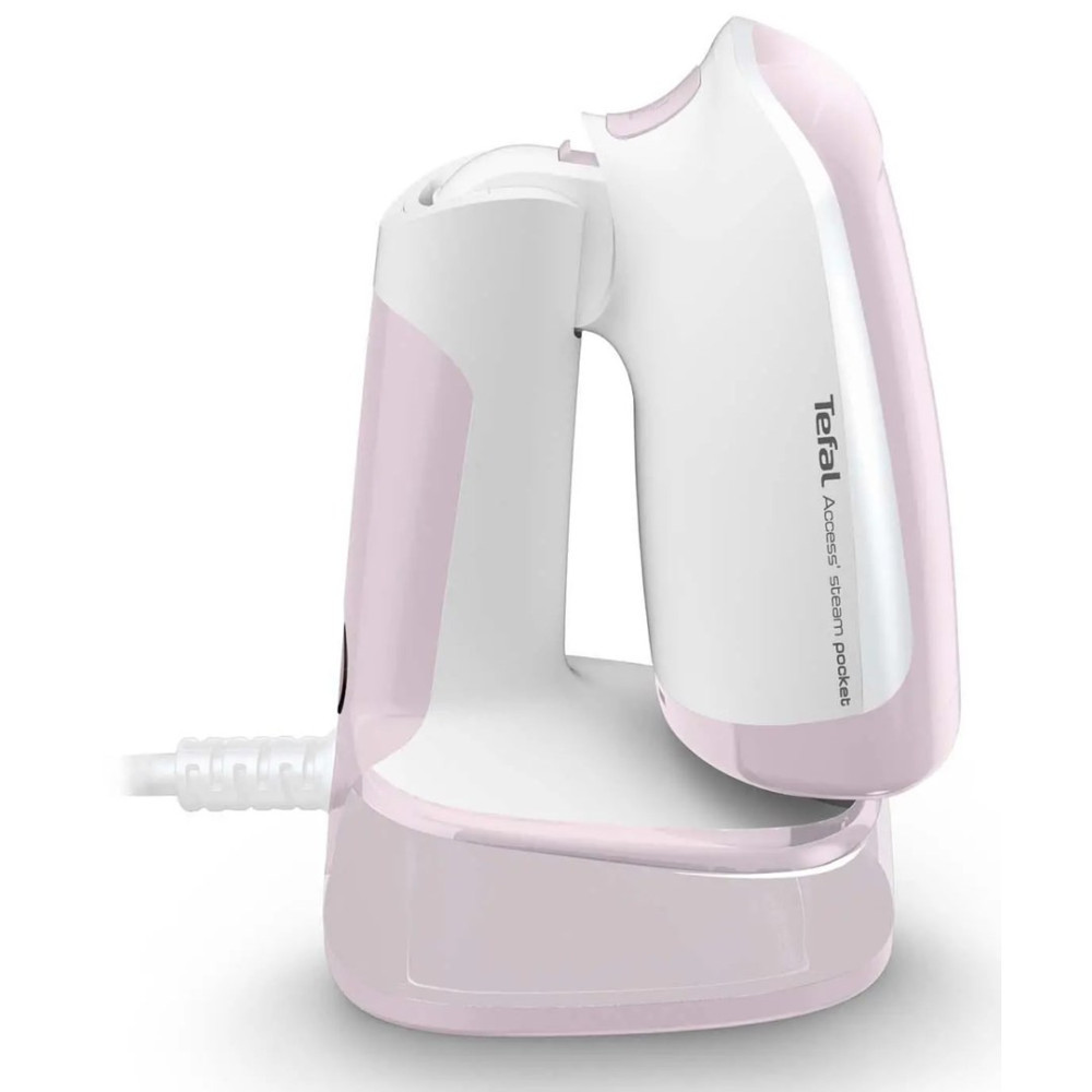 Uno spazzola vapore Tefal rosa e bianco con cavo.