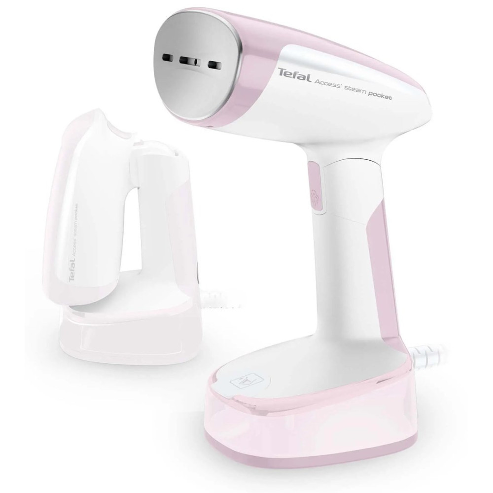 Un vaporizzatore per abiti Tefal rosa e bianco con la sua base.
