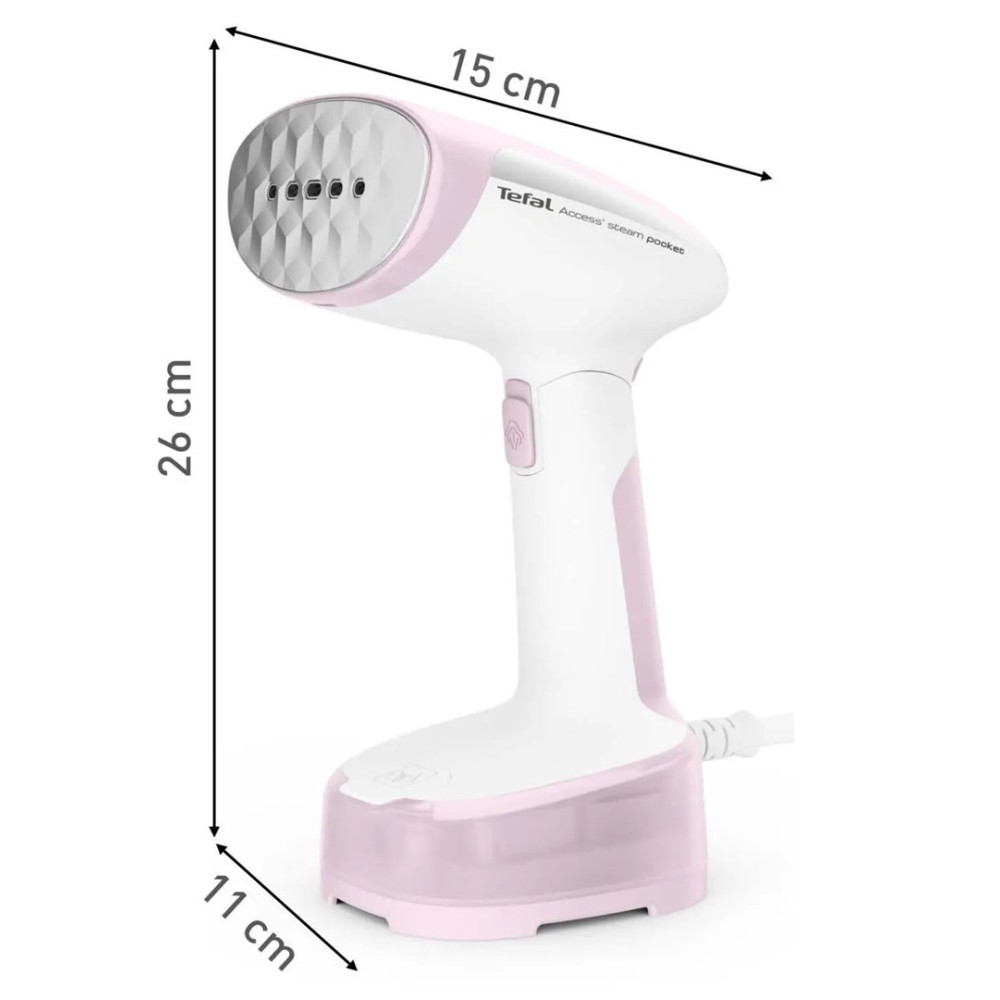Un vaporizzatore per abiti Tefal bianco e rosa con dimensioni.