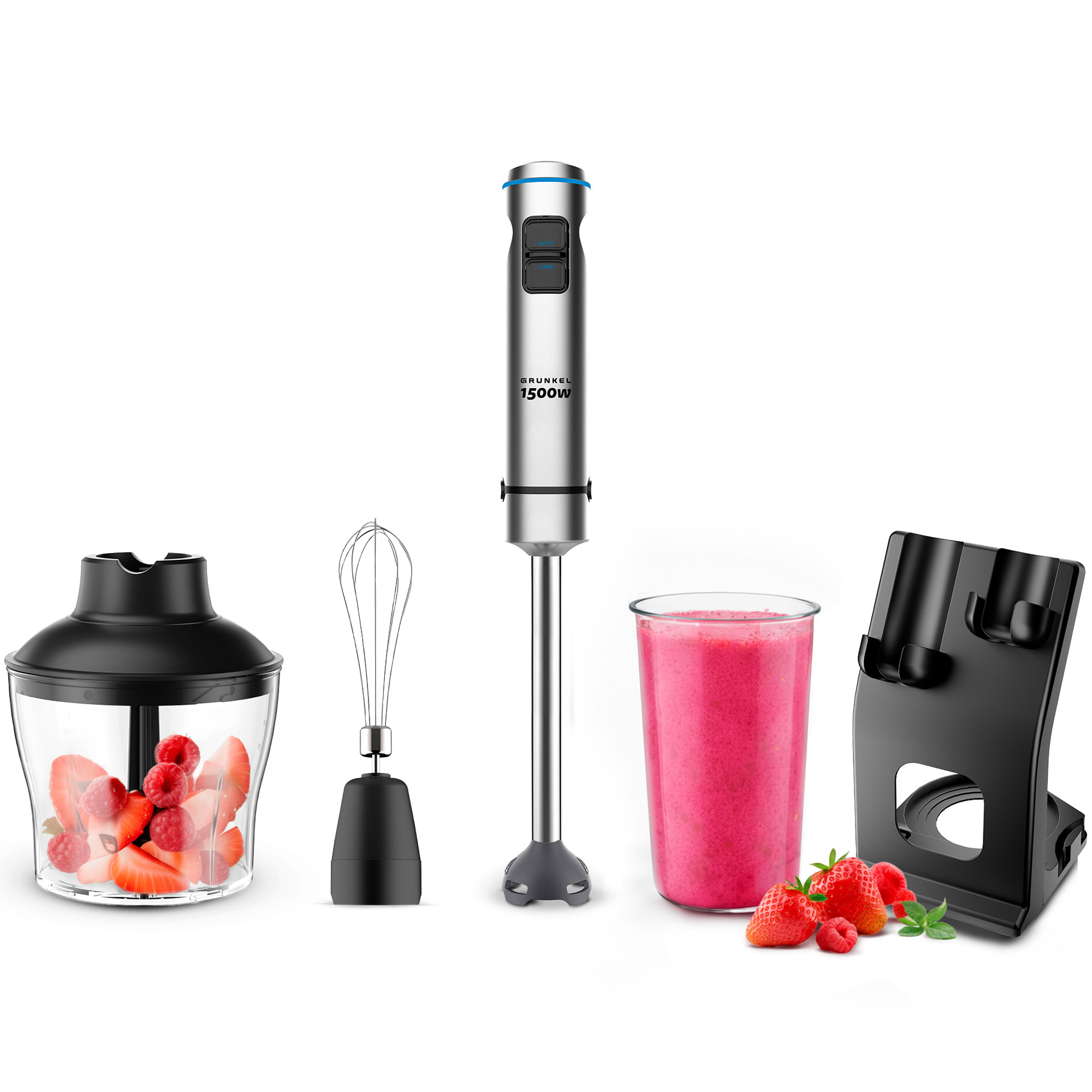 Set frullatore a immersione: tritatutto con frutti di bosco, frusta, frullatore, bicchiere con frullato, frutti di bosco e base.